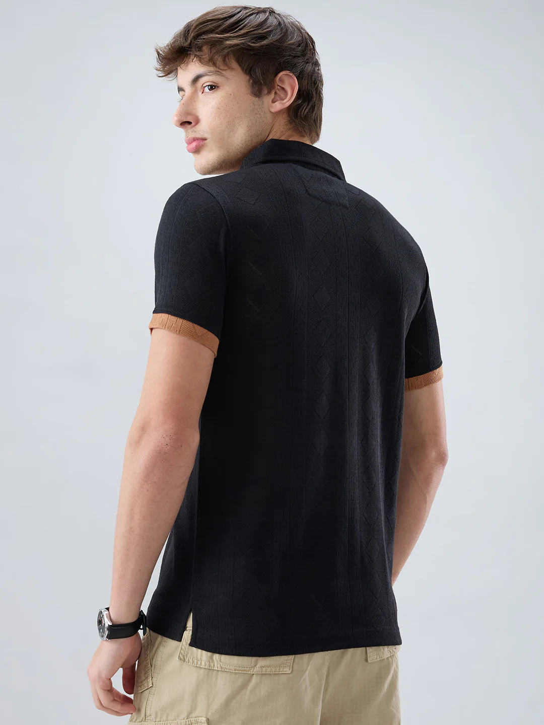 Rich Black Contrast Polo Neck Diamond Weave Knit T-shirt - Image 7