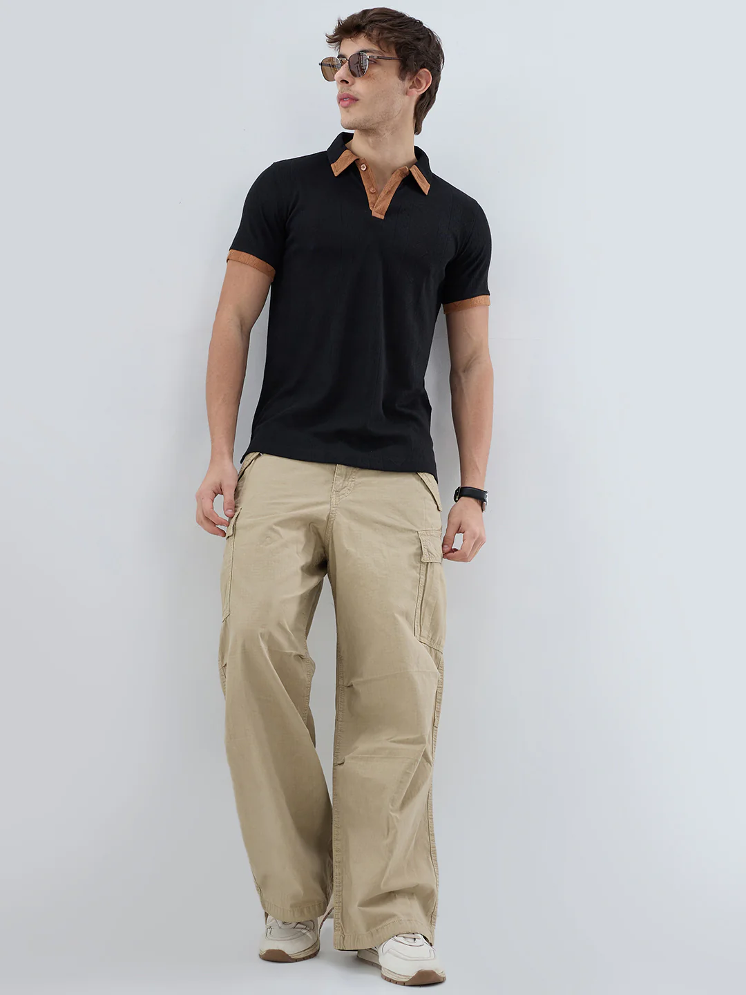 Rich Black Contrast Polo Neck Diamond Weave Knit T-shirt - Image 8