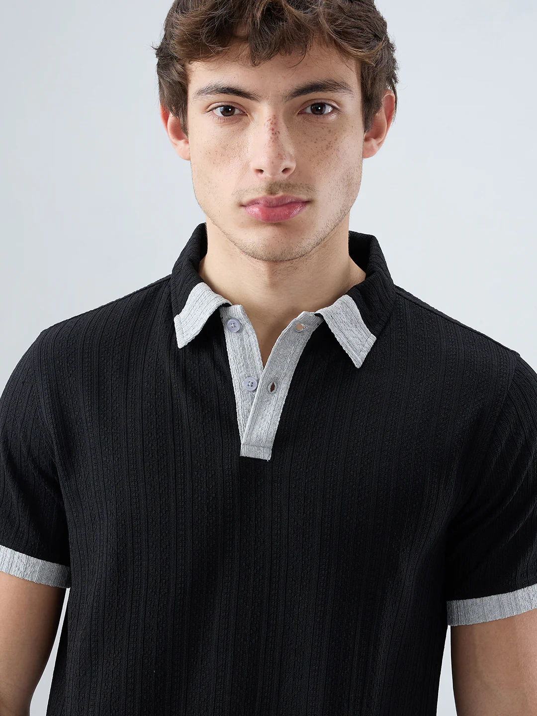 Rich Black Contrast Polo Neck Knit T-shirt - Image 3
