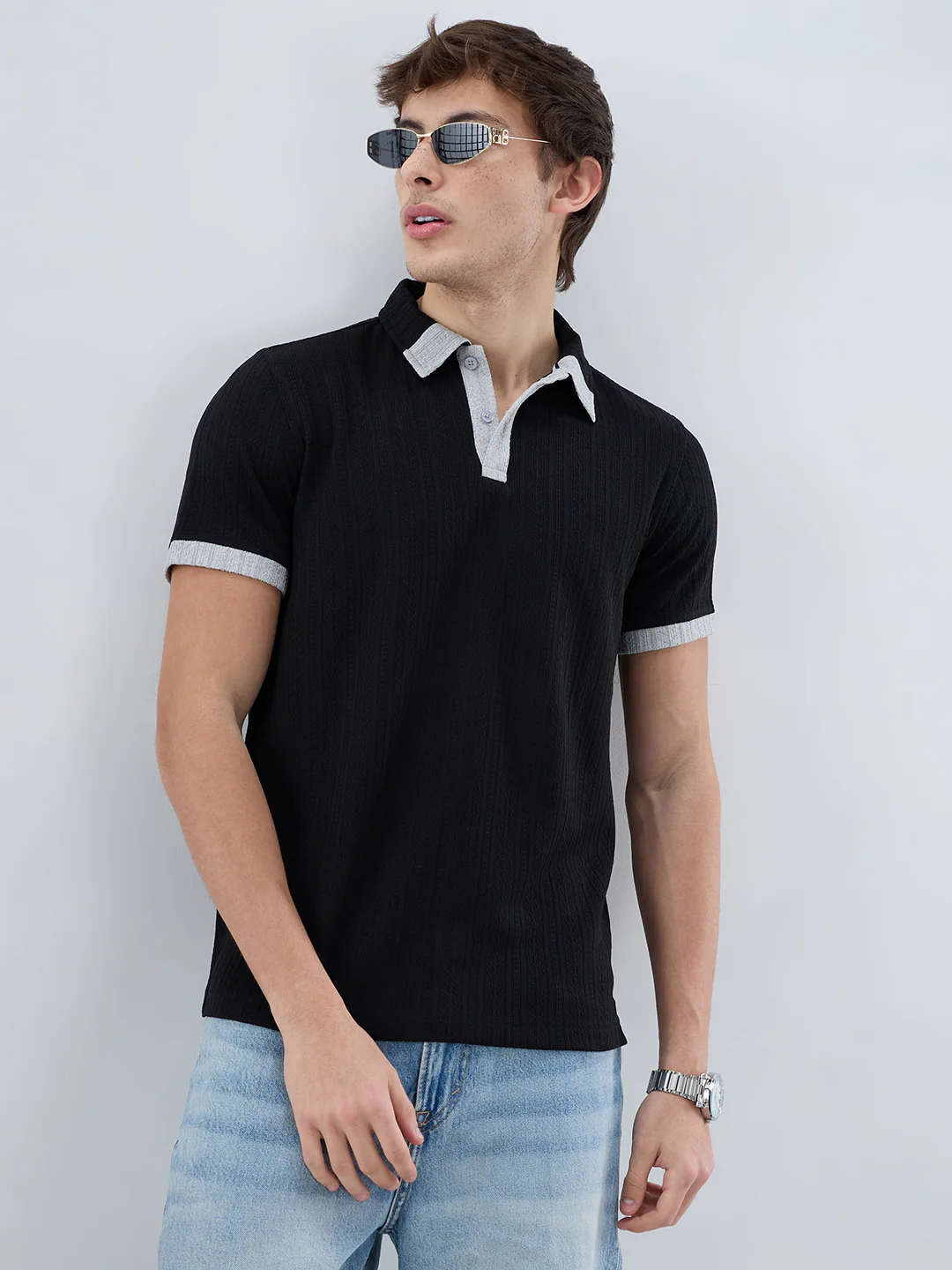 Rich Black Contrast Polo Neck Knit T-shirt - Image 4