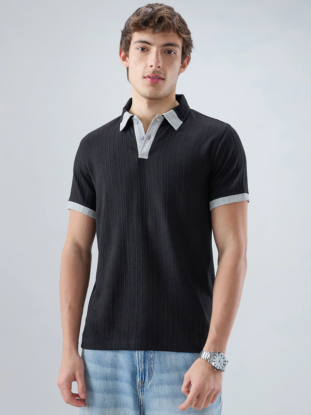 Rich Black Contrast Polo Neck Knit T-shirt - Image 5