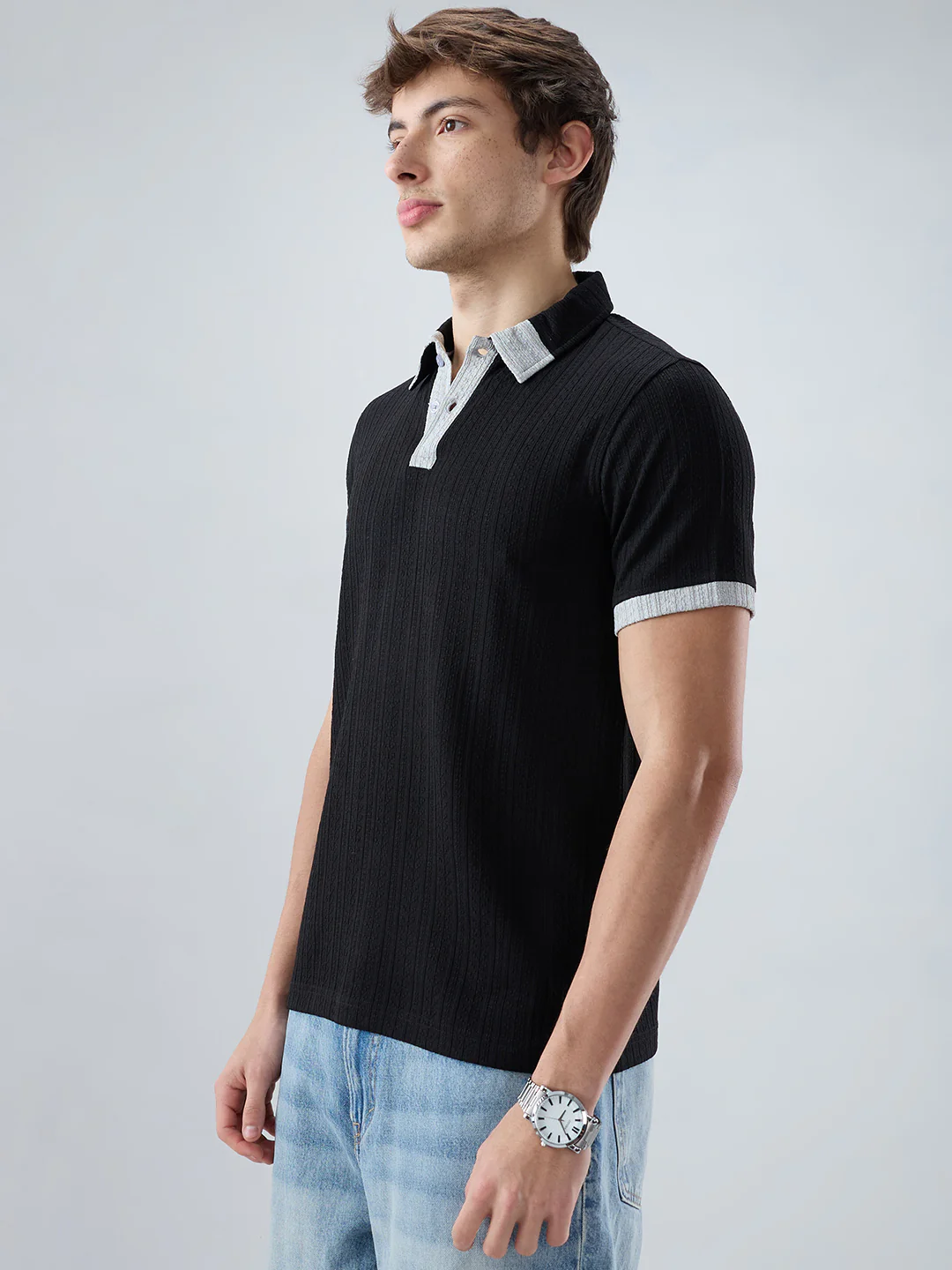 Rich Black Contrast Polo Neck Knit T-shirt - Image 6