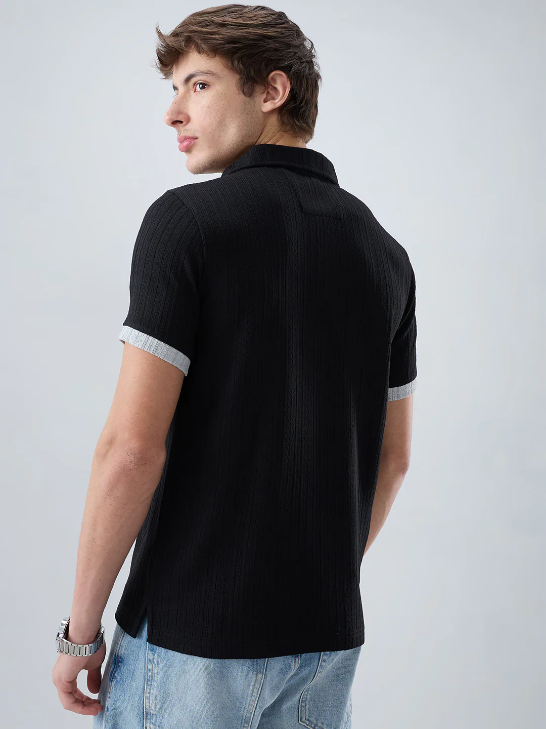 Rich Black Contrast Polo Neck Knit T-shirt - Image 7