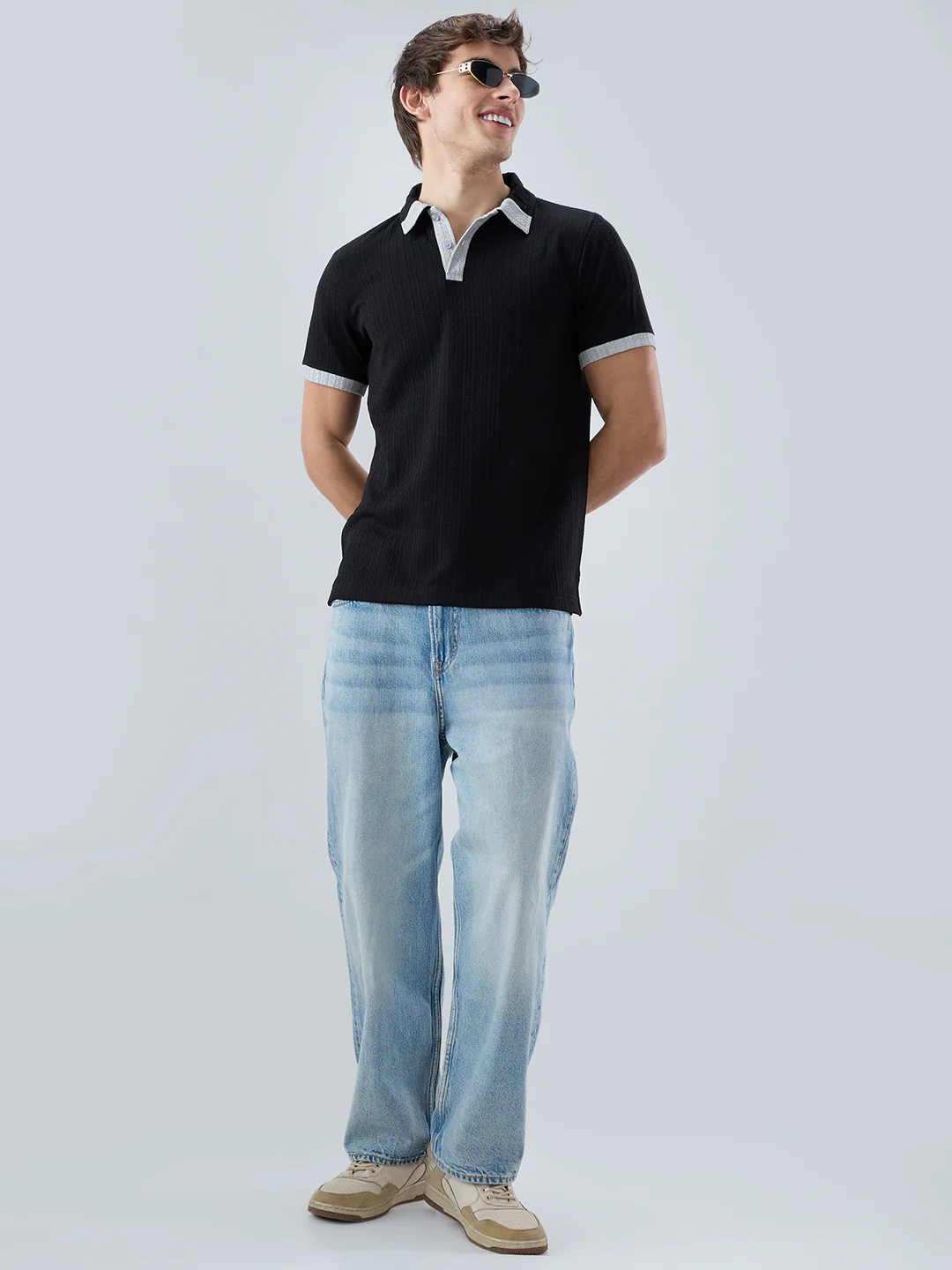 Rich Black Contrast Polo Neck Knit T-shirt - Image 8
