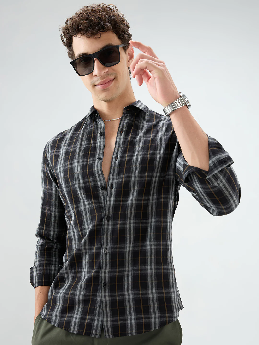 Rich Black Contrast Windowpane Melange Checks Shirt - Image 2