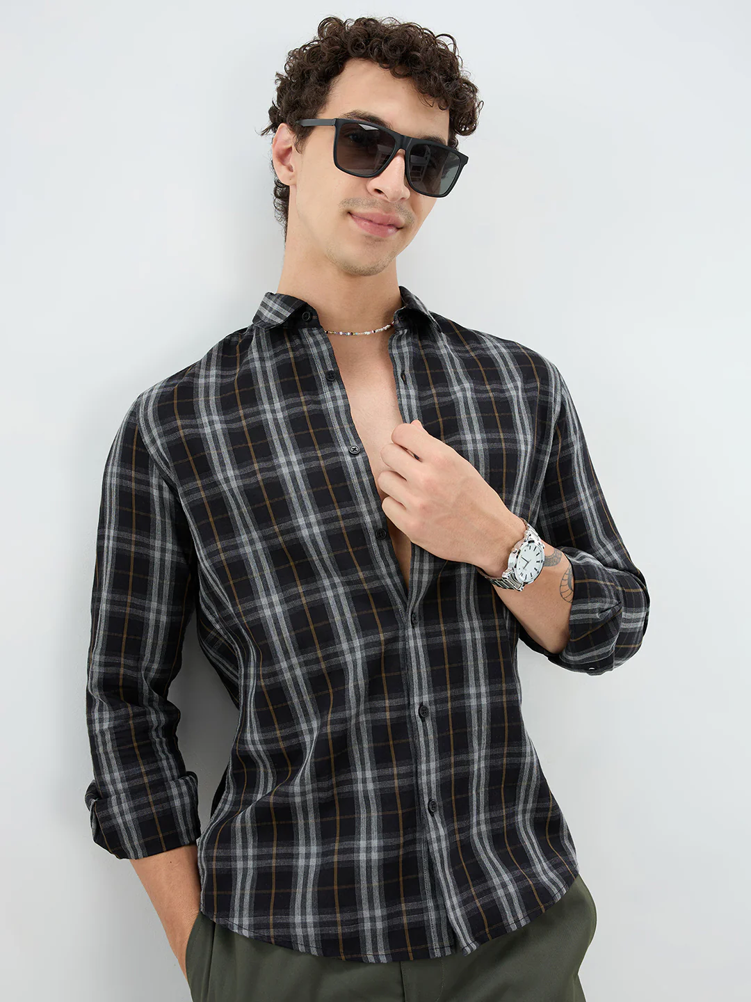 Rich Black Contrast Windowpane Melange Checks Shirt - Image 4