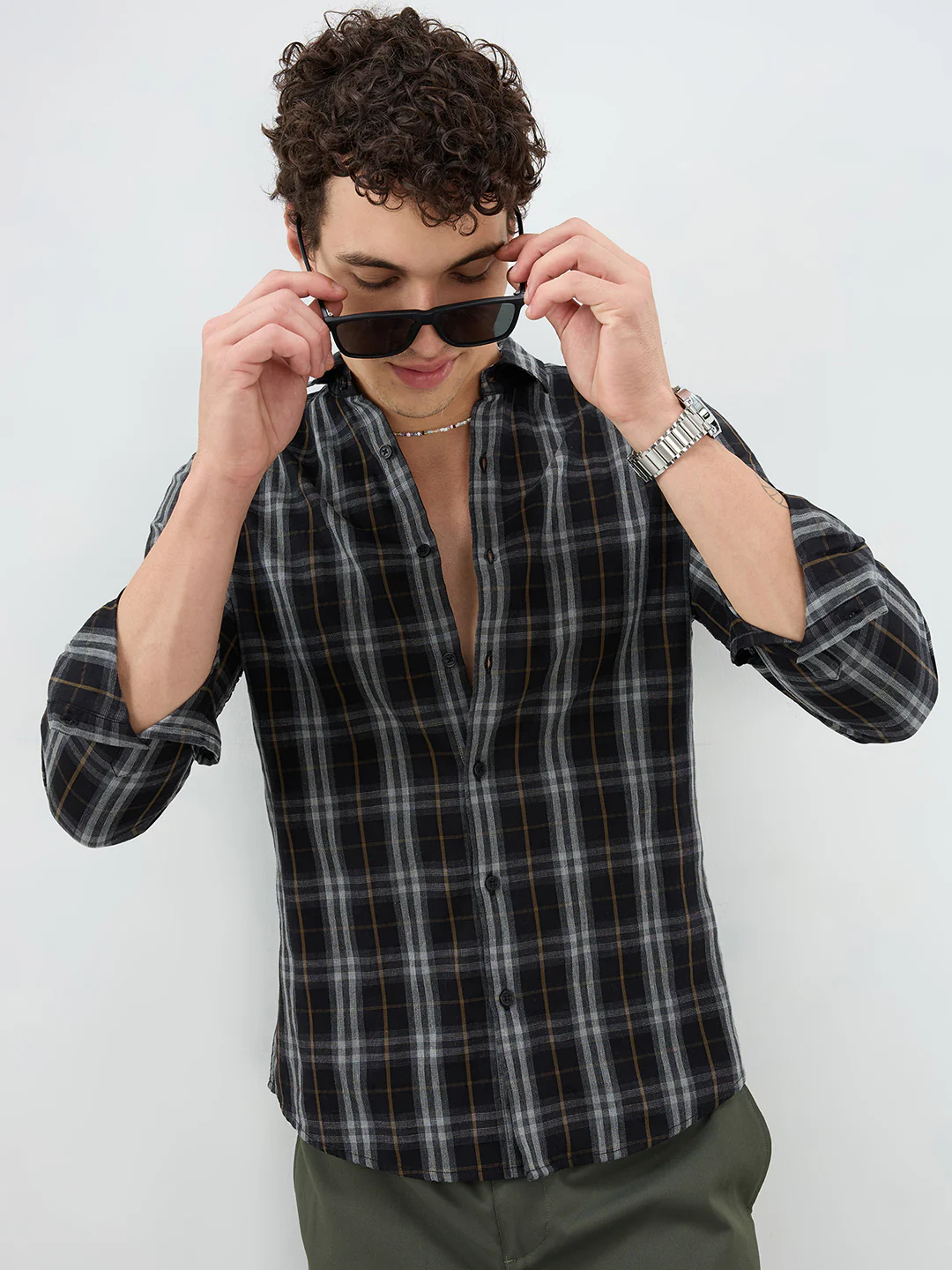 Rich Black Contrast Windowpane Melange Checks Shirt - Image 5