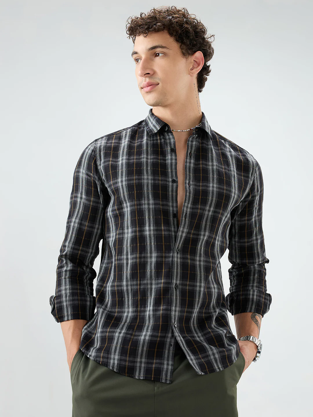Rich Black Contrast Windowpane Melange Checks Shirt - Image 6
