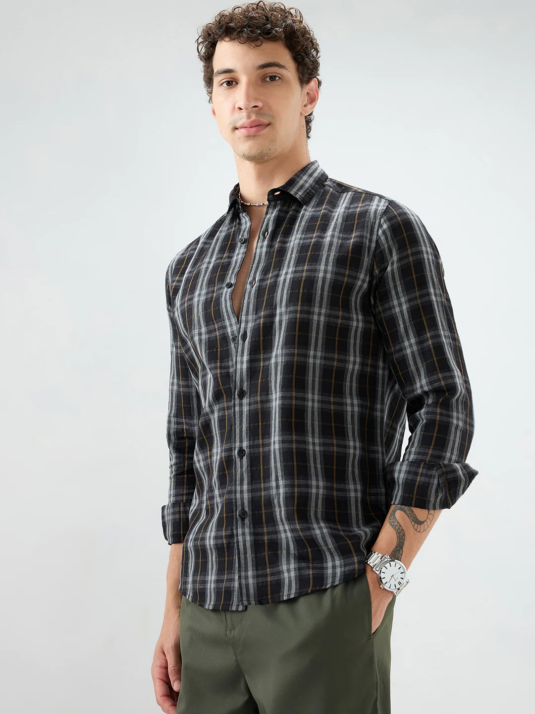 Rich Black Contrast Windowpane Melange Checks Shirt - Image 7