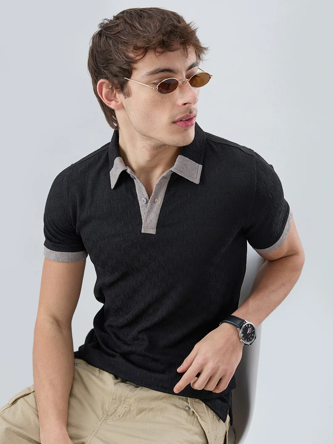 Rich Black Textured Contrast Polo Neck Knit T-shirt