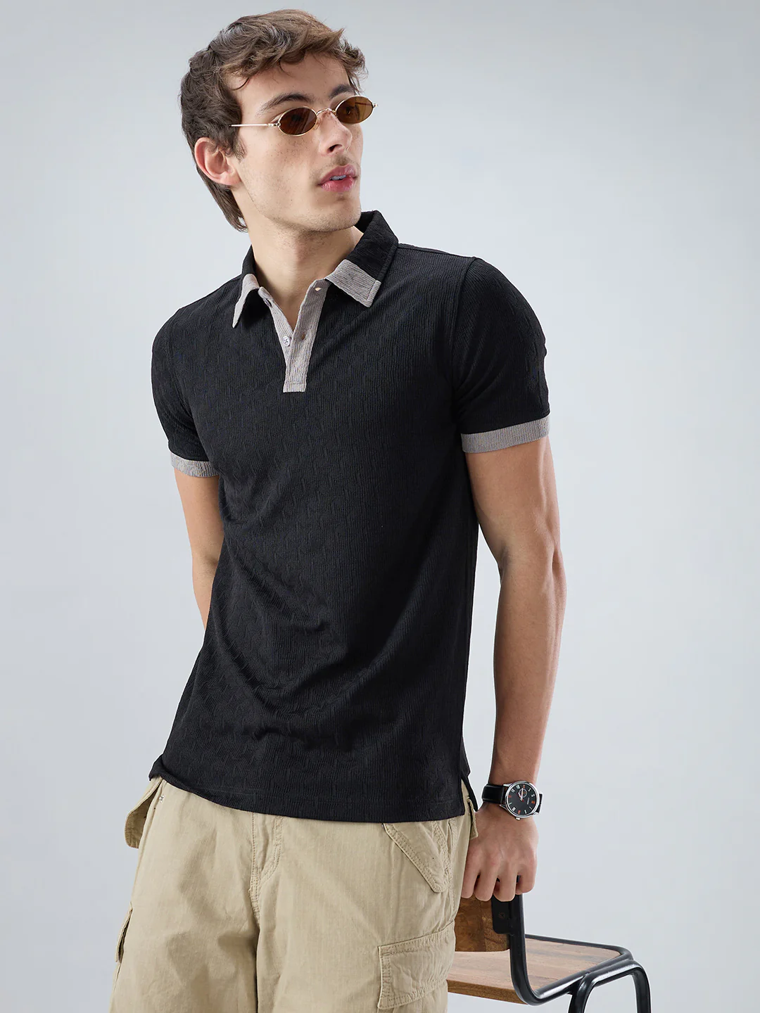 Rich Black Textured Contrast Polo Neck Knit T-shirt - Image 2