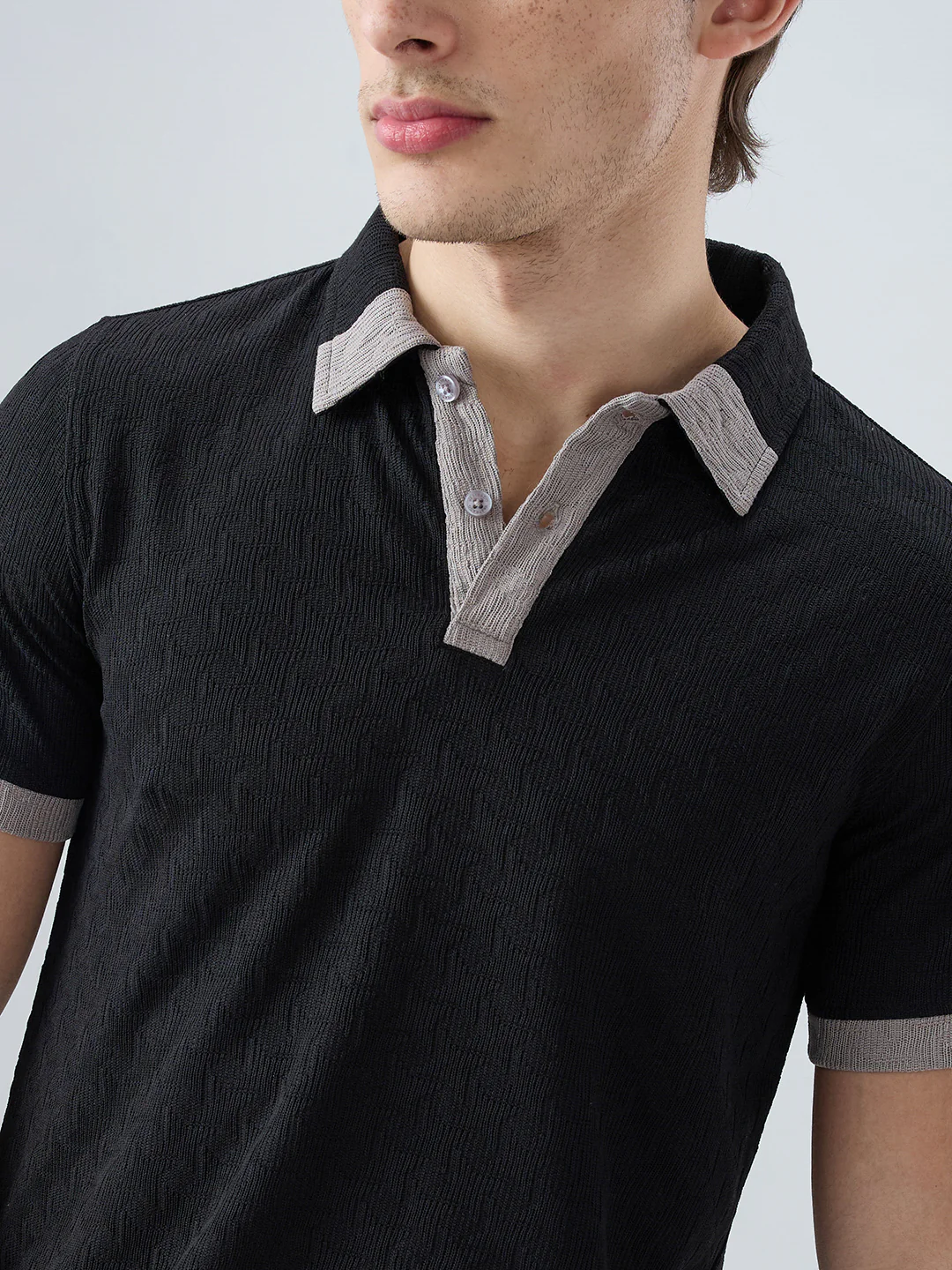 Rich Black Textured Contrast Polo Neck Knit T-shirt - Image 3
