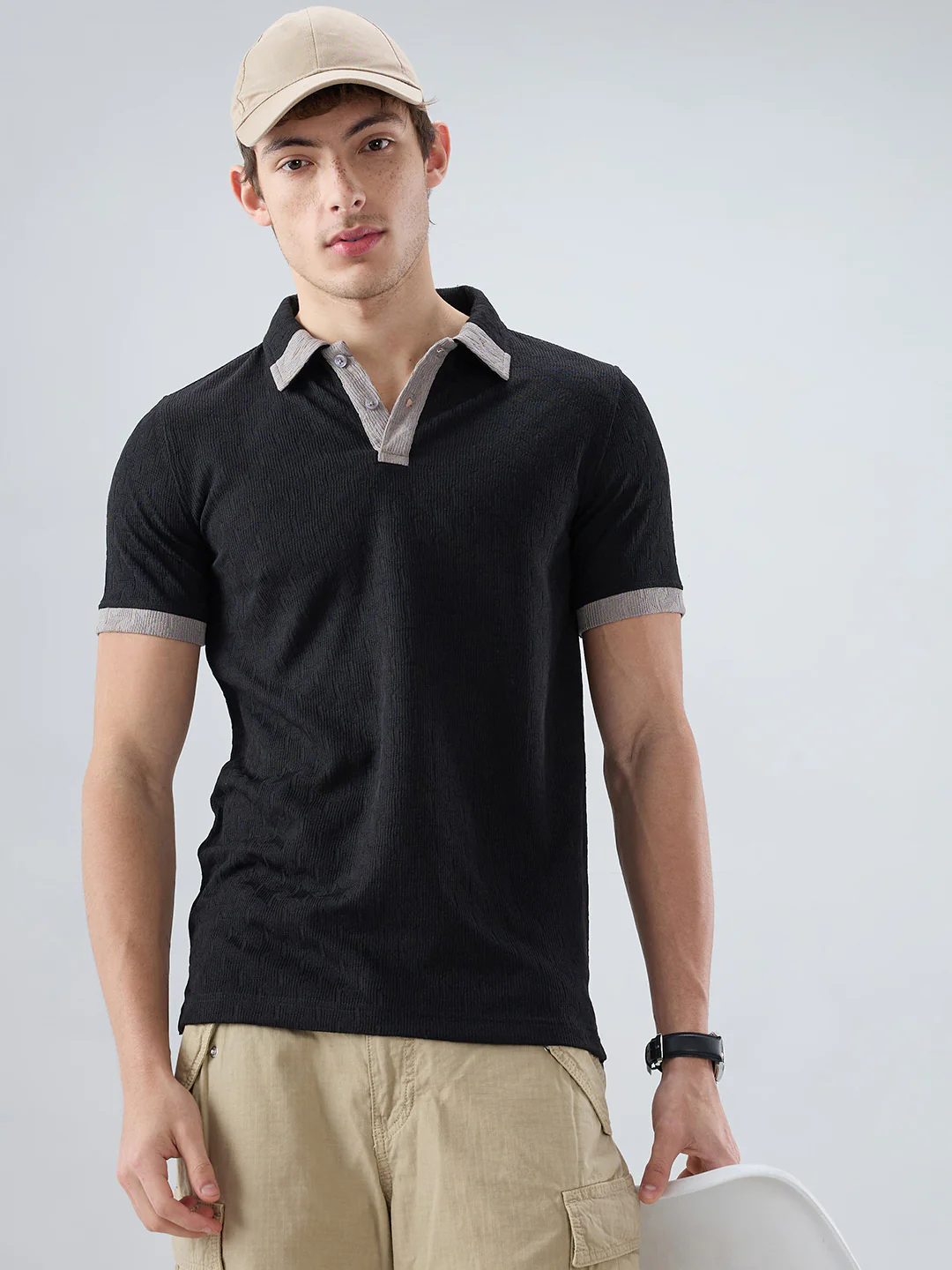 Rich Black Textured Contrast Polo Neck Knit T-shirt - Image 4