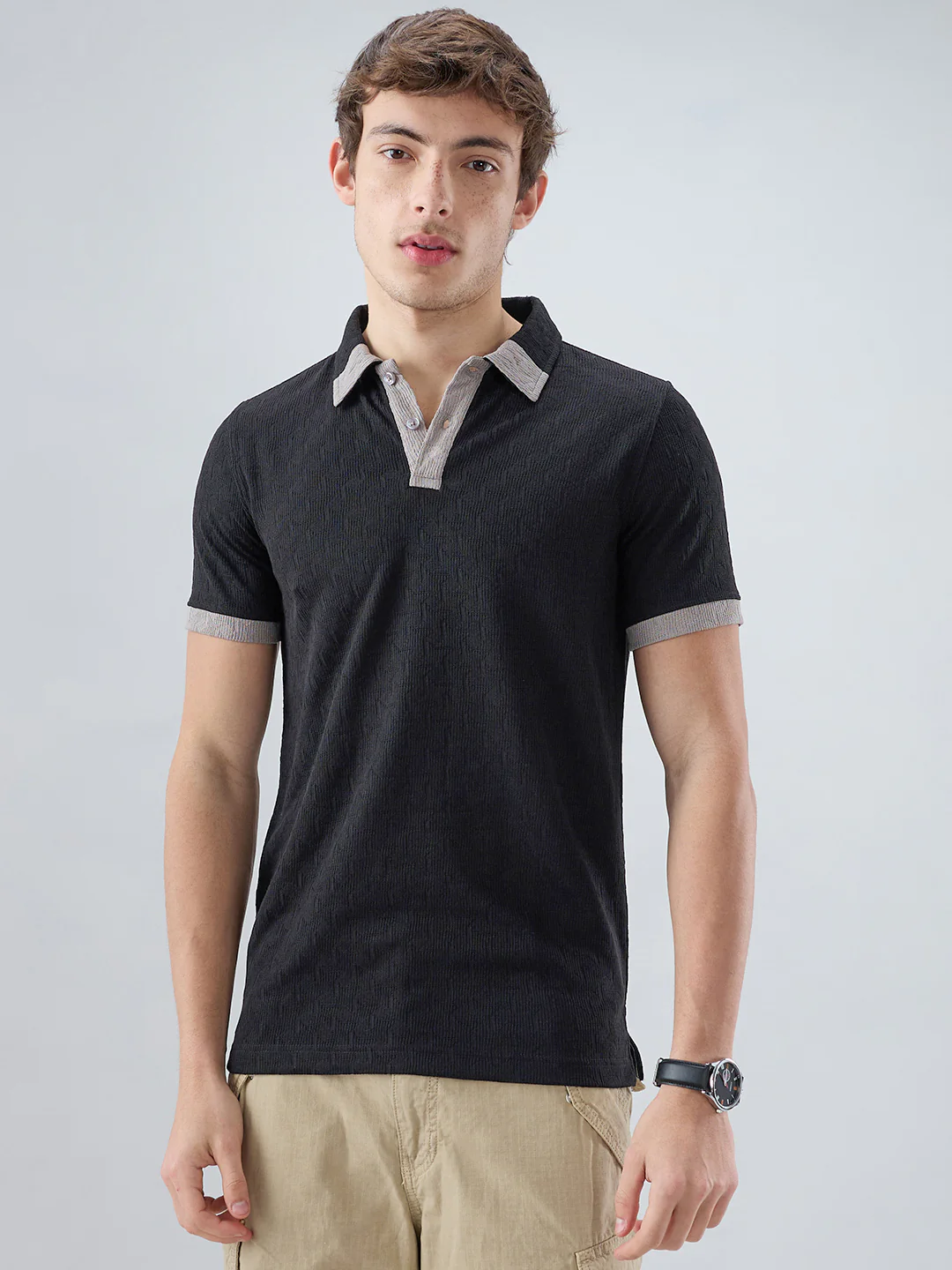 Rich Black Textured Contrast Polo Neck Knit T-shirt - Image 5