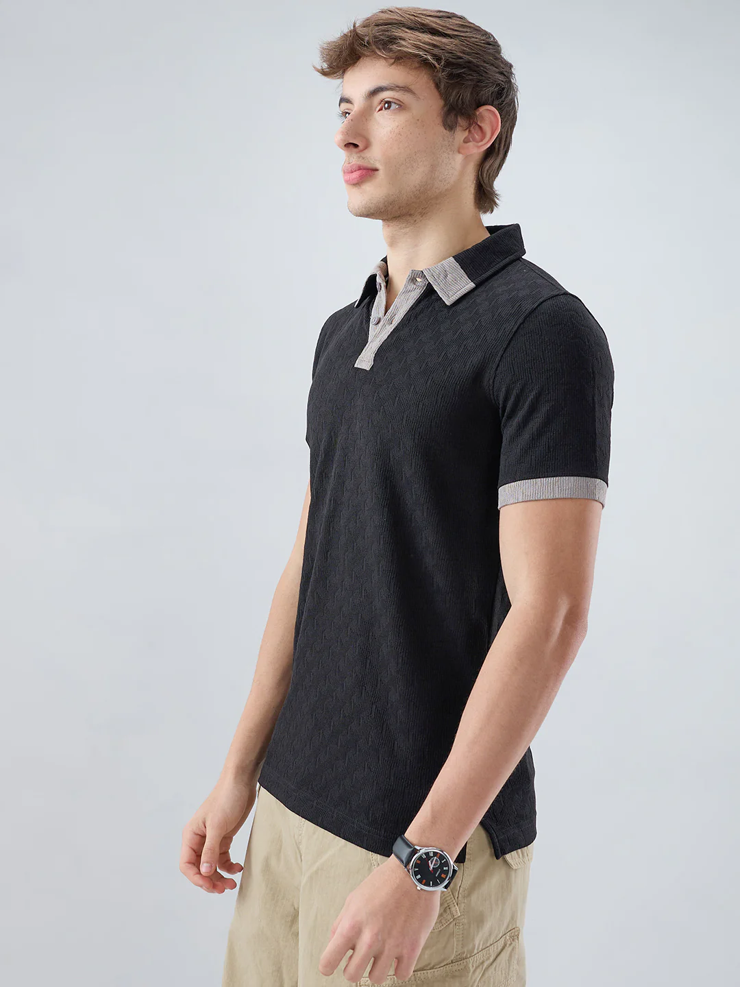 Rich Black Textured Contrast Polo Neck Knit T-shirt - Image 6