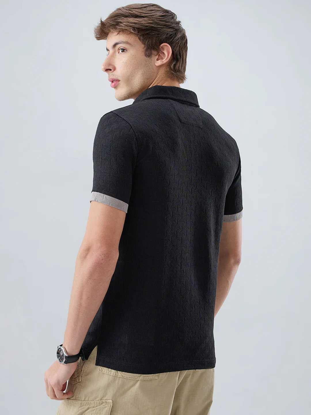 Rich Black Textured Contrast Polo Neck Knit T-shirt - Image 7