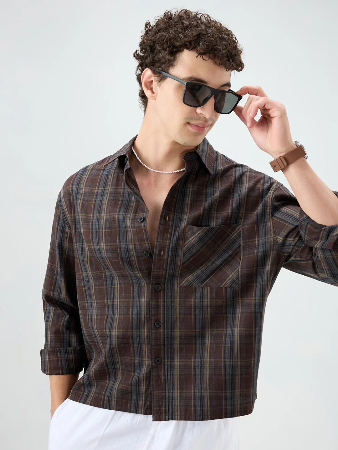 Rich Brown Multi Line Checks Melange Boxy Fit Crop Shirt - Image 2