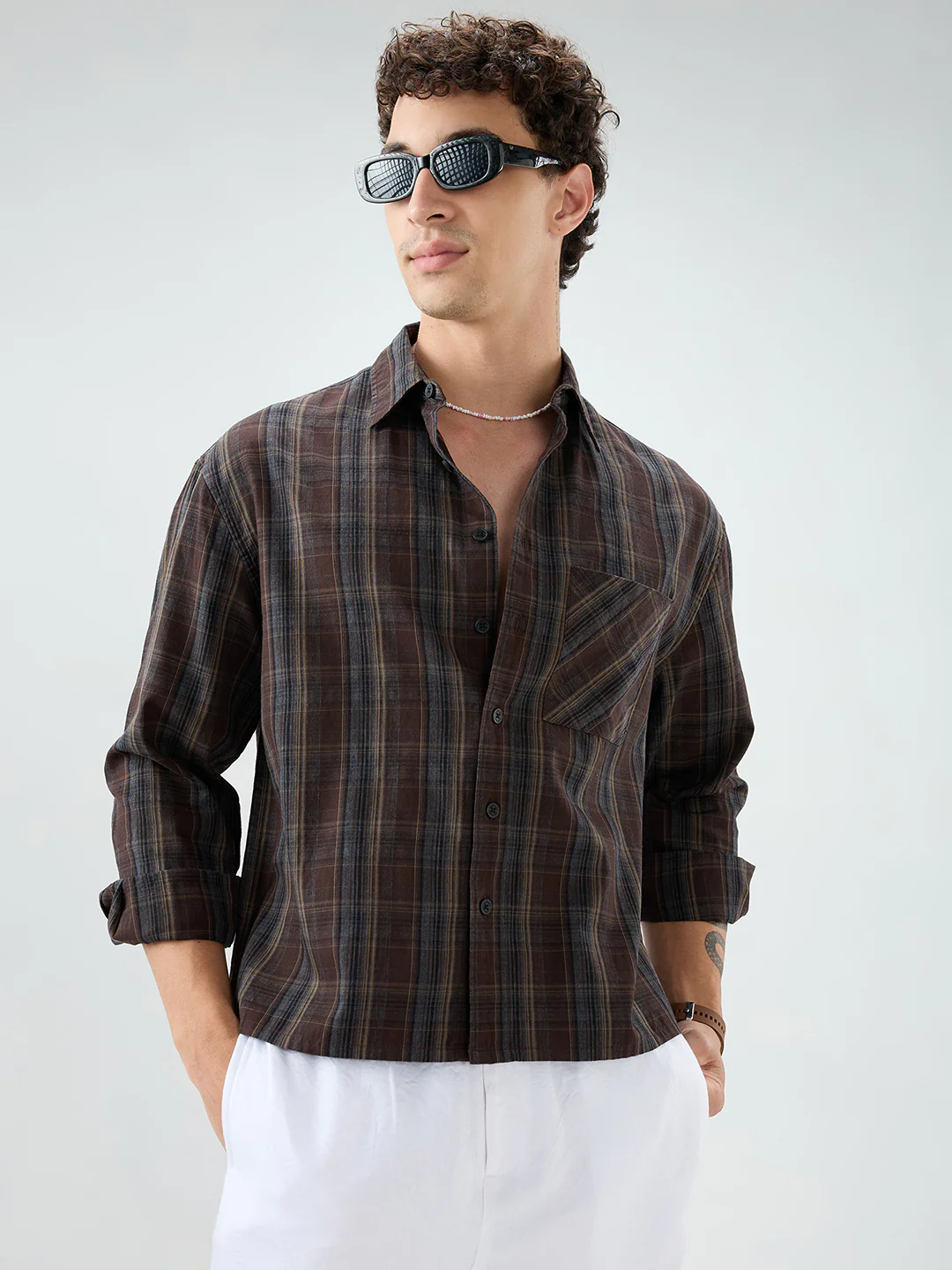 Rich Brown Multi Line Checks Melange Boxy Fit Crop Shirt - Image 4