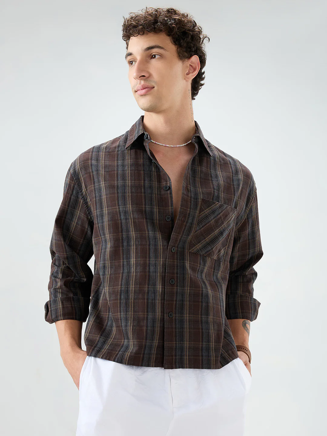 Rich Brown Multi Line Checks Melange Boxy Fit Crop Shirt - Image 5