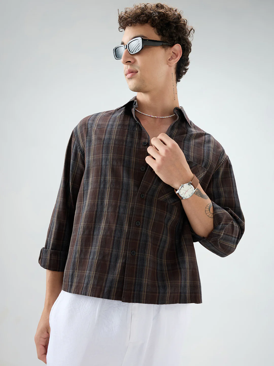 Rich Brown Multi Line Checks Melange Boxy Fit Crop Shirt - Image 6