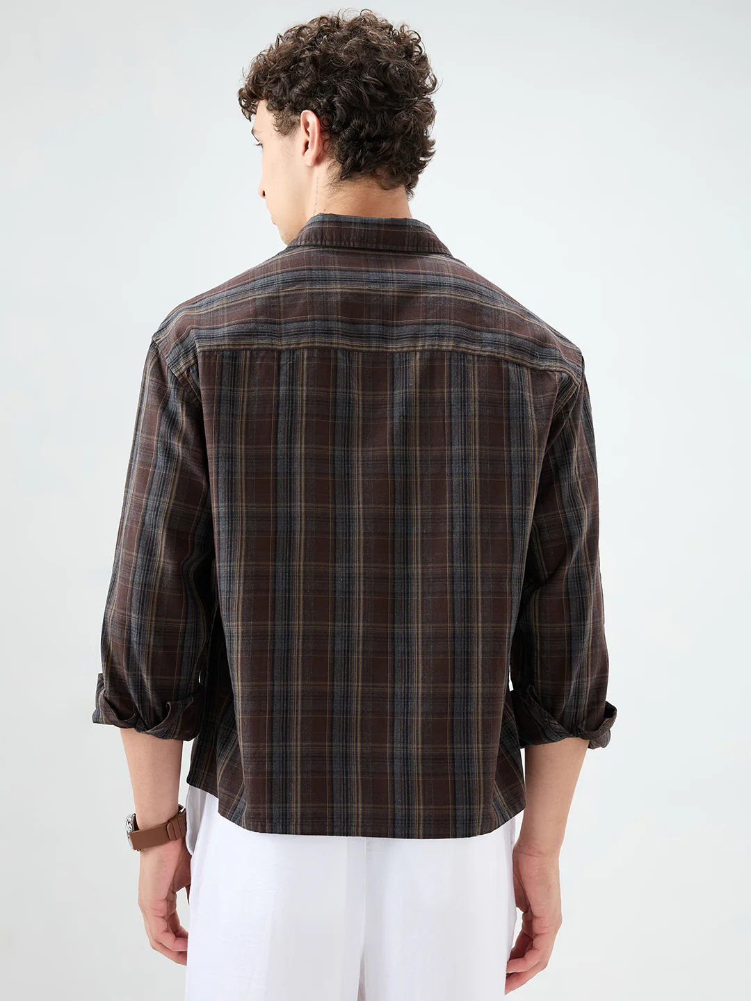 Rich Brown Multi Line Checks Melange Boxy Fit Crop Shirt - Image 7