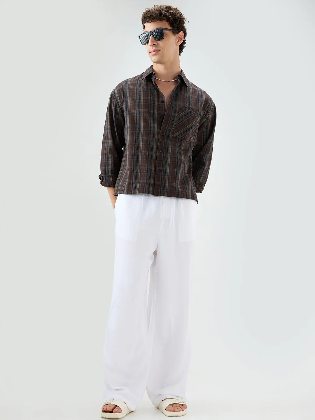 Rich Brown Multi Line Checks Melange Boxy Fit Crop Shirt - Image 8