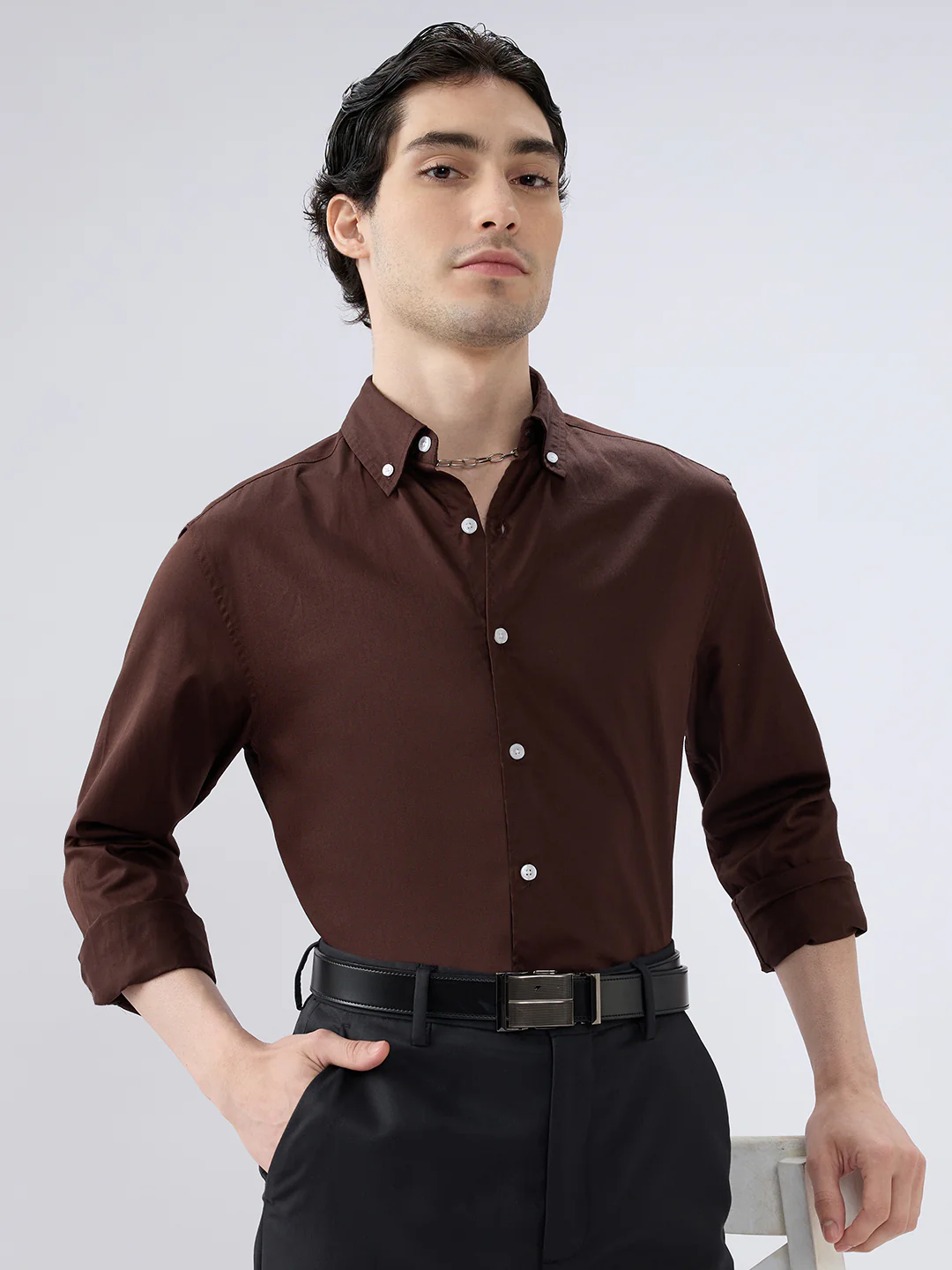 Rich Chocolate Brown Satin Shirt - Image 2