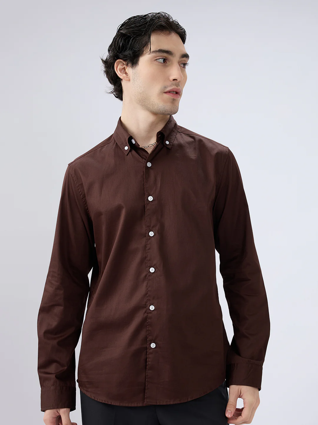 Rich Chocolate Brown Satin Shirt - Image 4