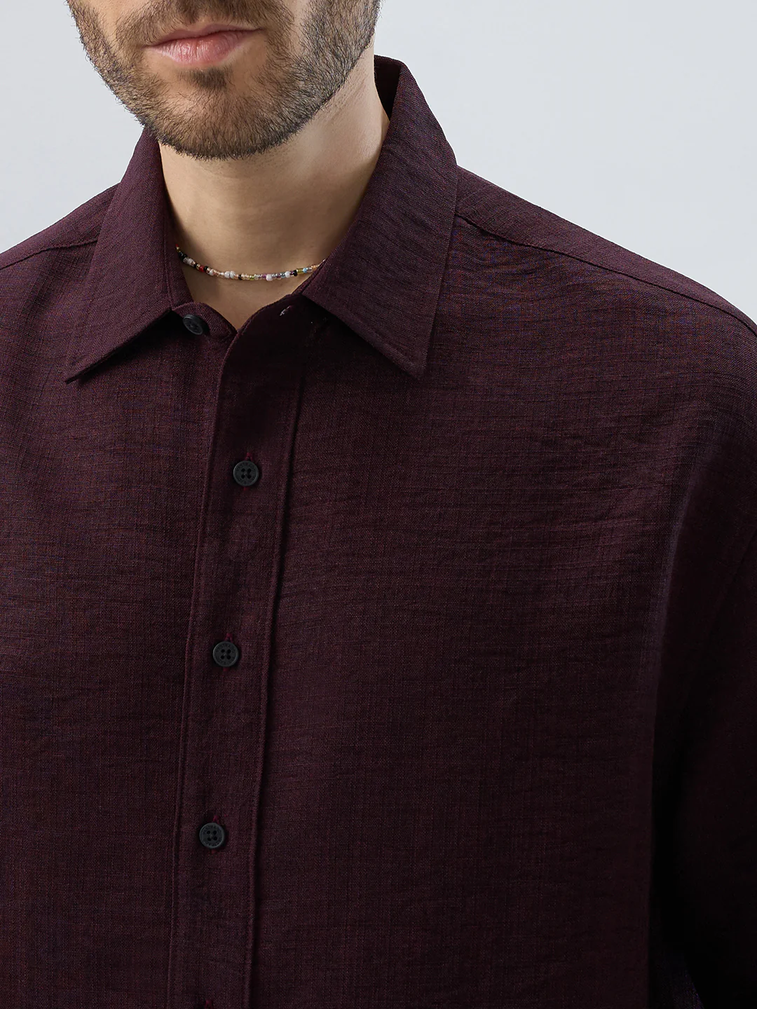 Rich Wine Slub Textured Boxy Fit Crop Shirt - Image 3