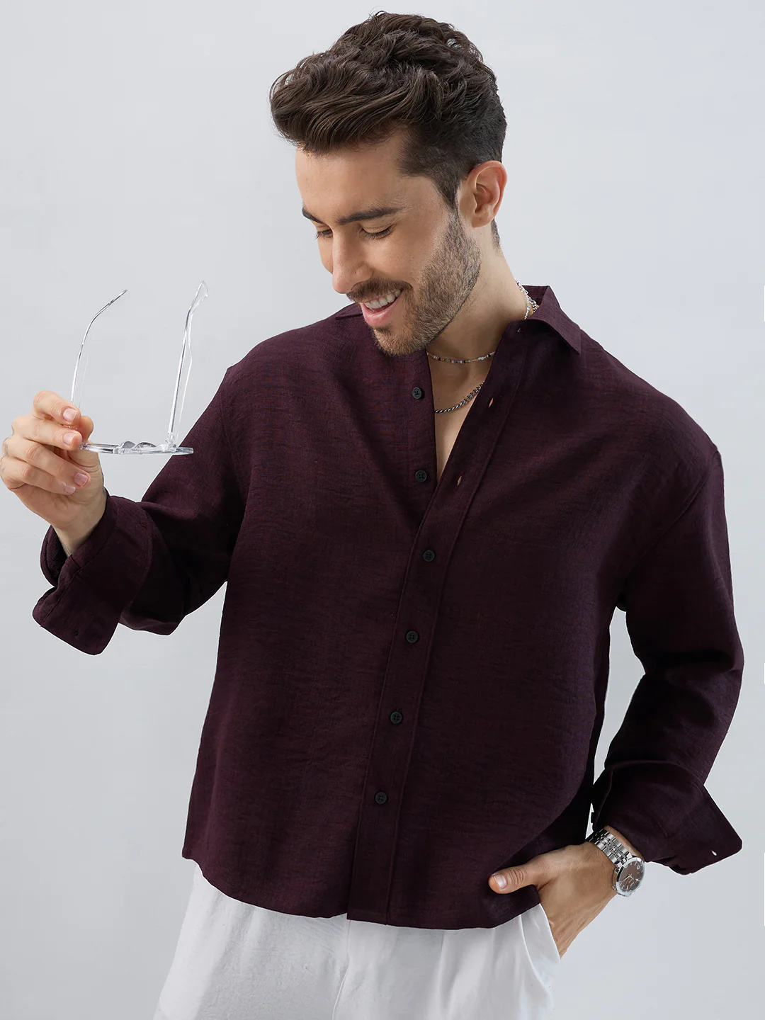Rich Wine Slub Textured Boxy Fit Crop Shirt - Image 4