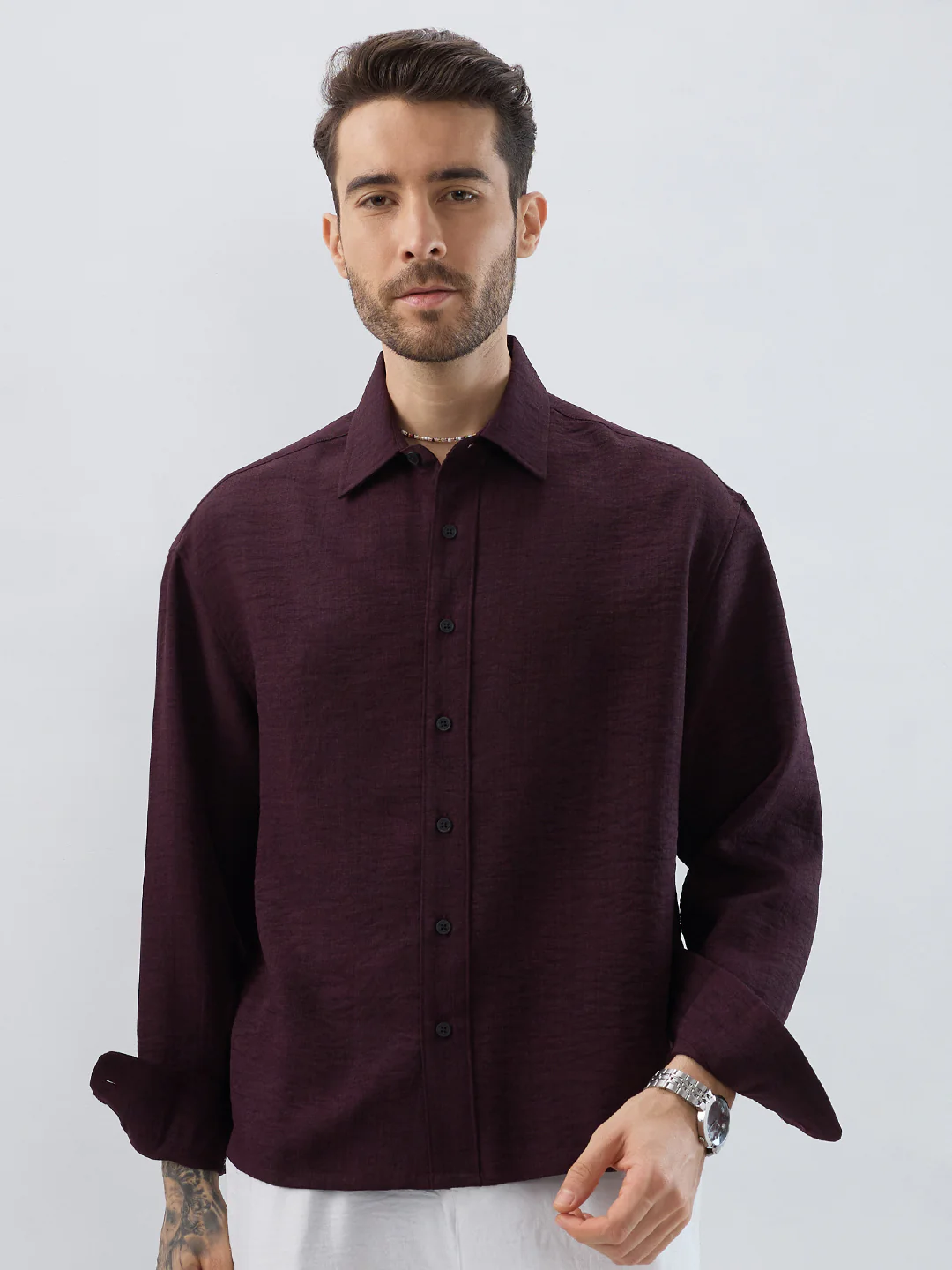 Rich Wine Slub Textured Boxy Fit Crop Shirt - Image 5