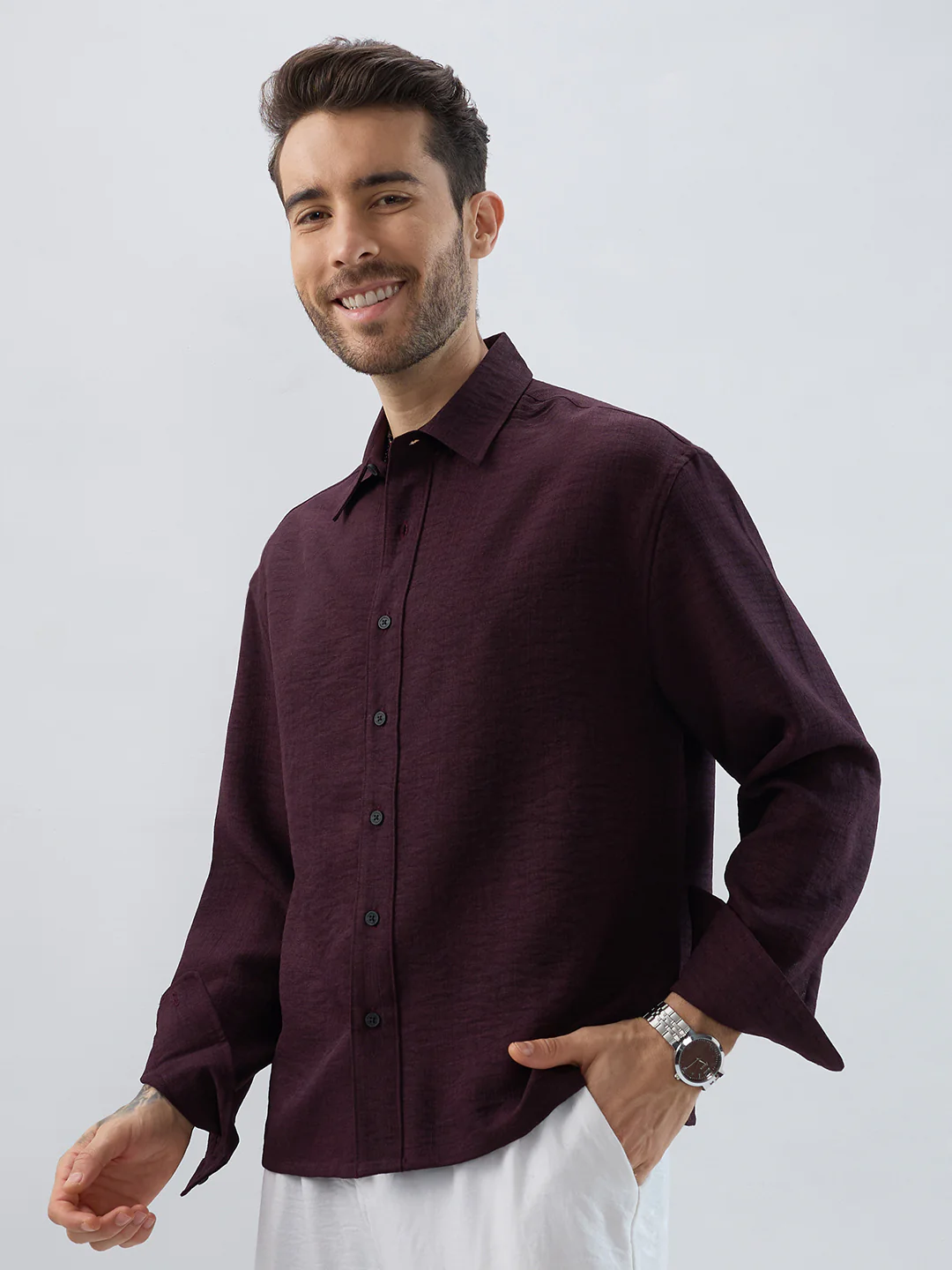 Rich Wine Slub Textured Boxy Fit Crop Shirt - Image 6