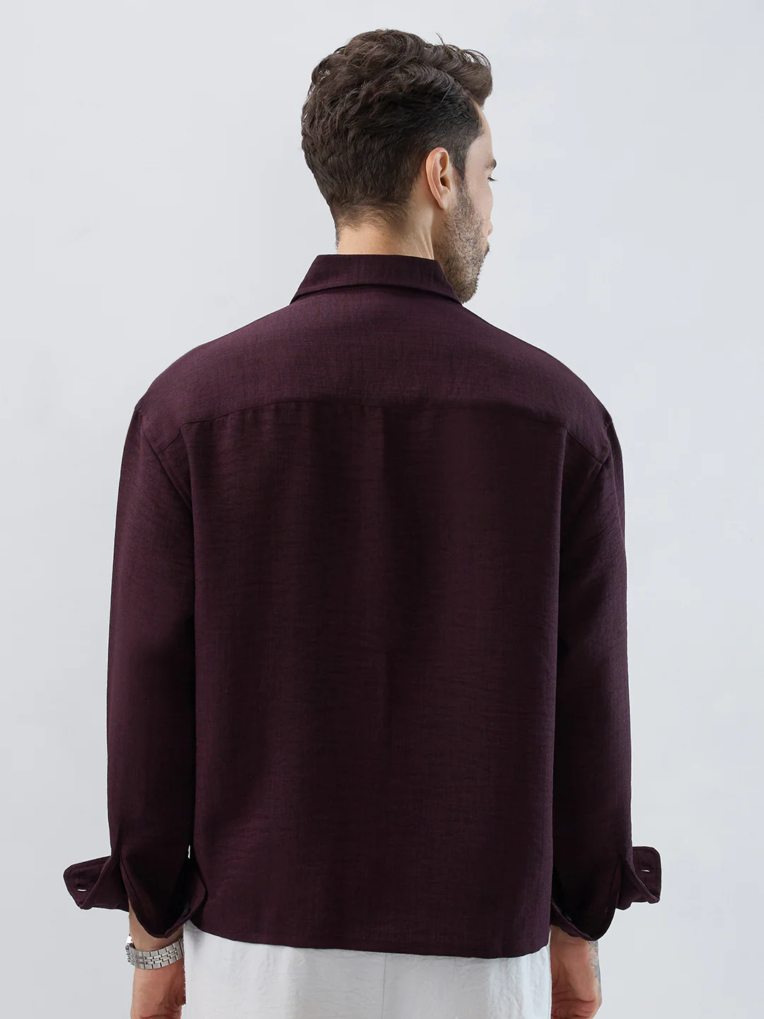 Rich Wine Slub Textured Boxy Fit Crop Shirt - Image 7