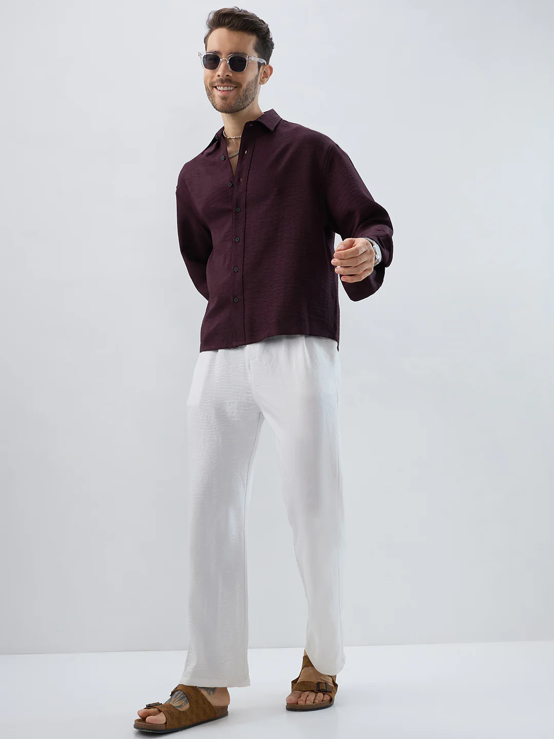 Rich Wine Slub Textured Boxy Fit Crop Shirt - Image 8