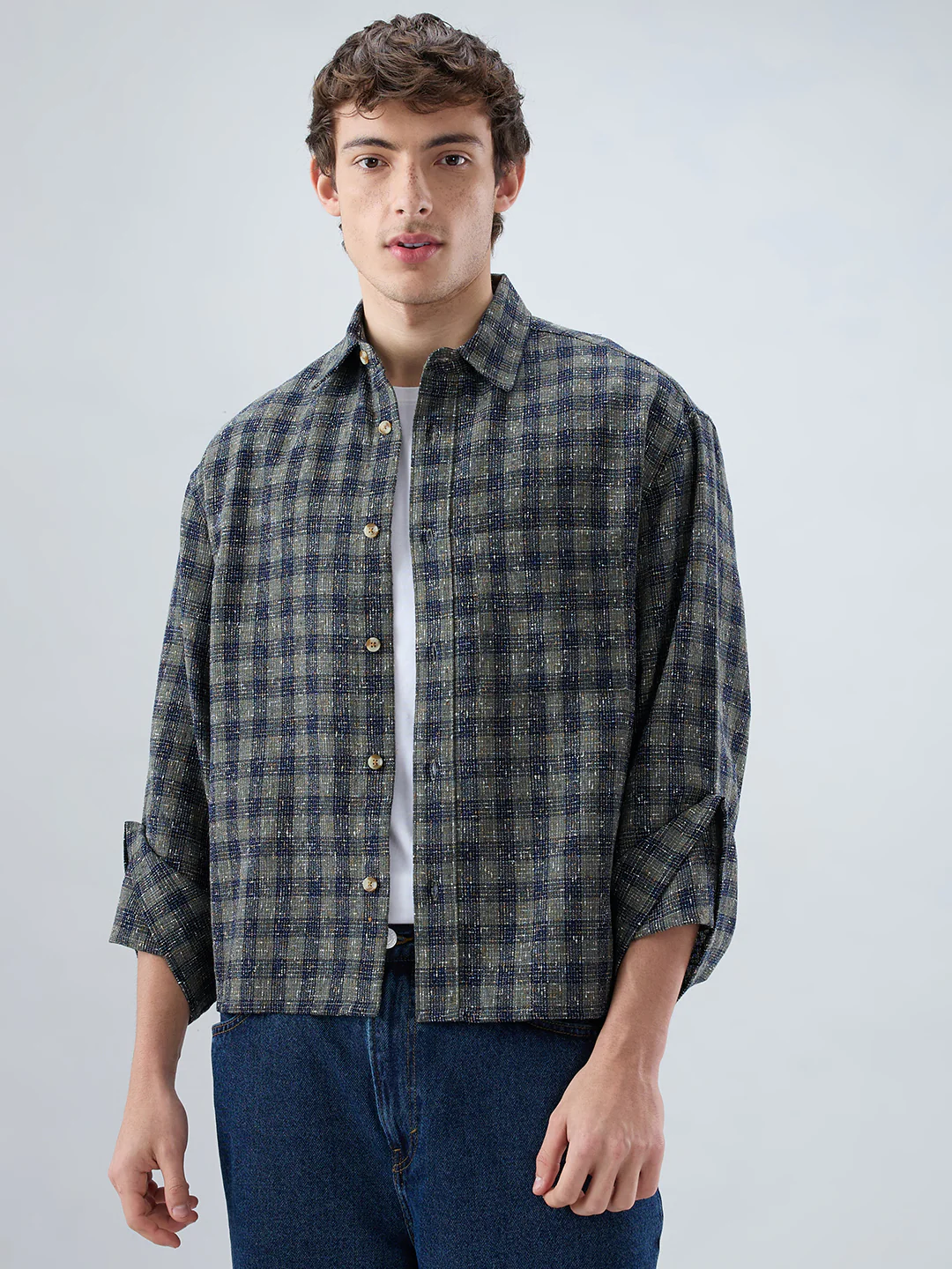 Riwaayat Glossy Olive Checked Oversized Crop Shirt - Image 5