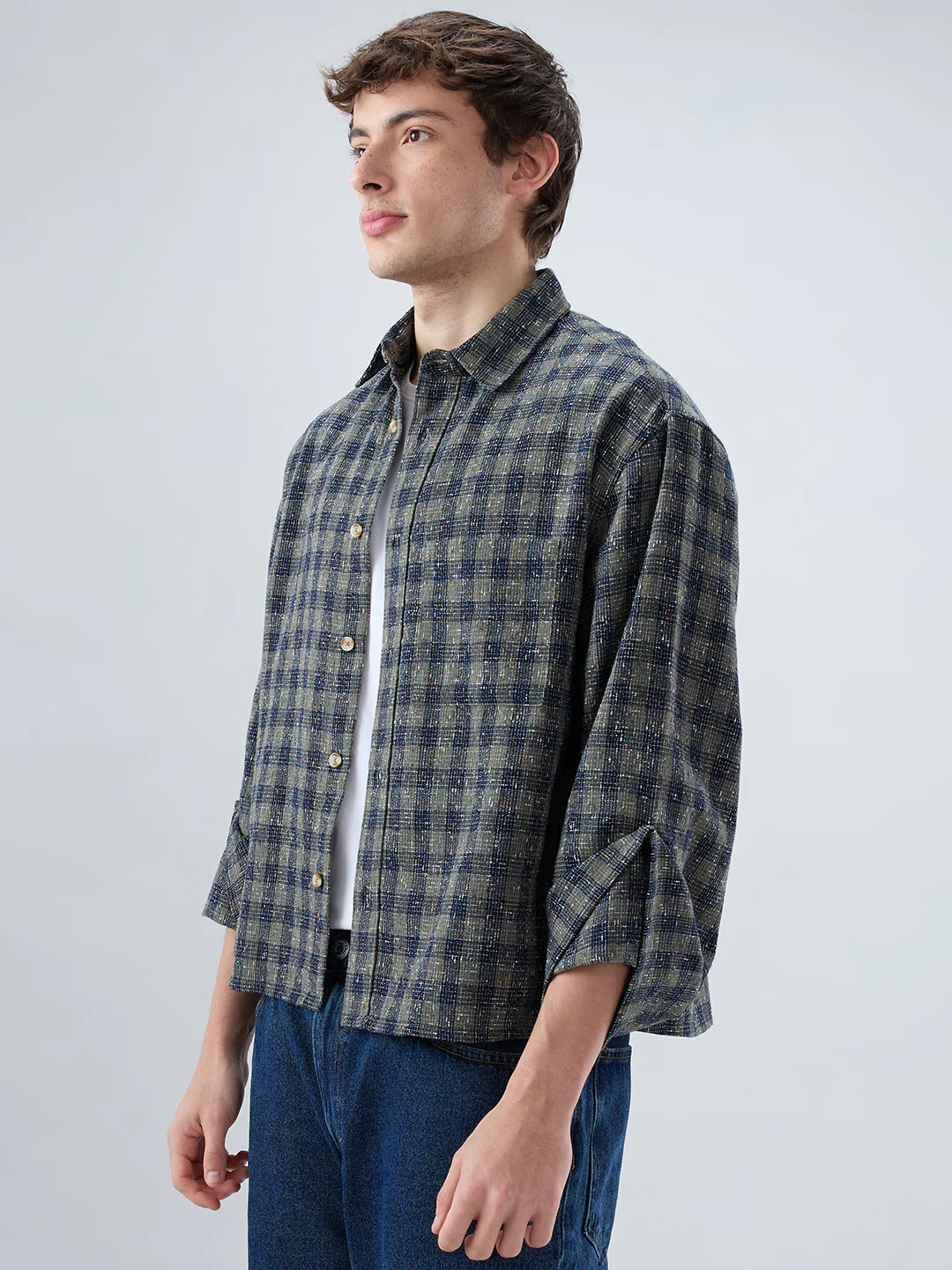 Riwaayat Glossy Olive Checked Oversized Crop Shirt - Image 6