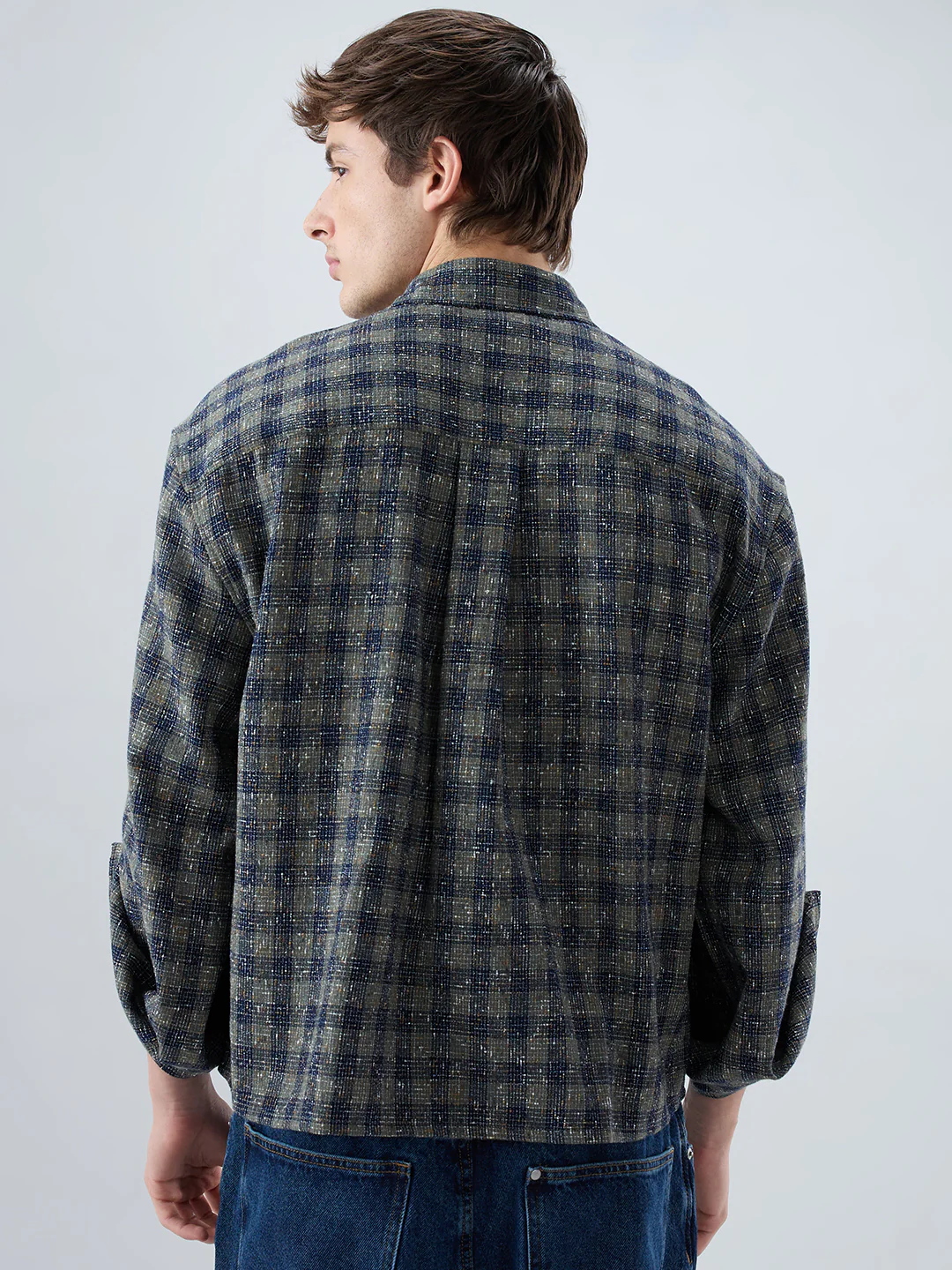 Riwaayat Glossy Olive Checked Oversized Crop Shirt - Image 7
