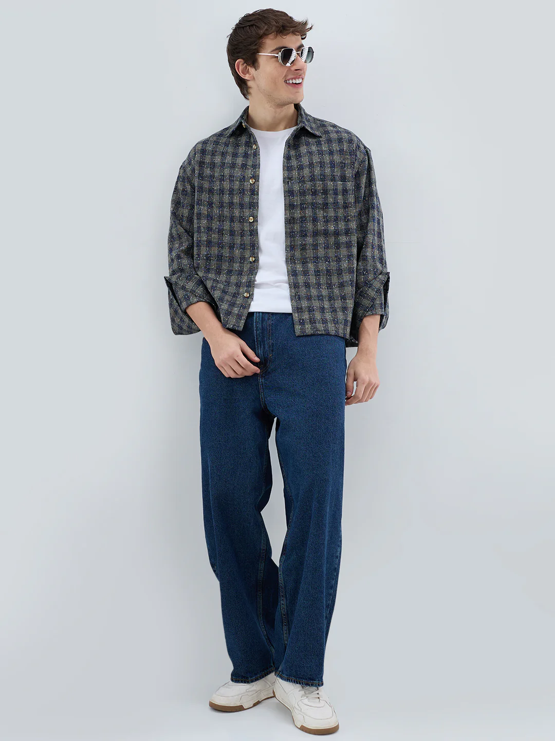 Riwaayat Glossy Olive Checked Oversized Crop Shirt - Image 8