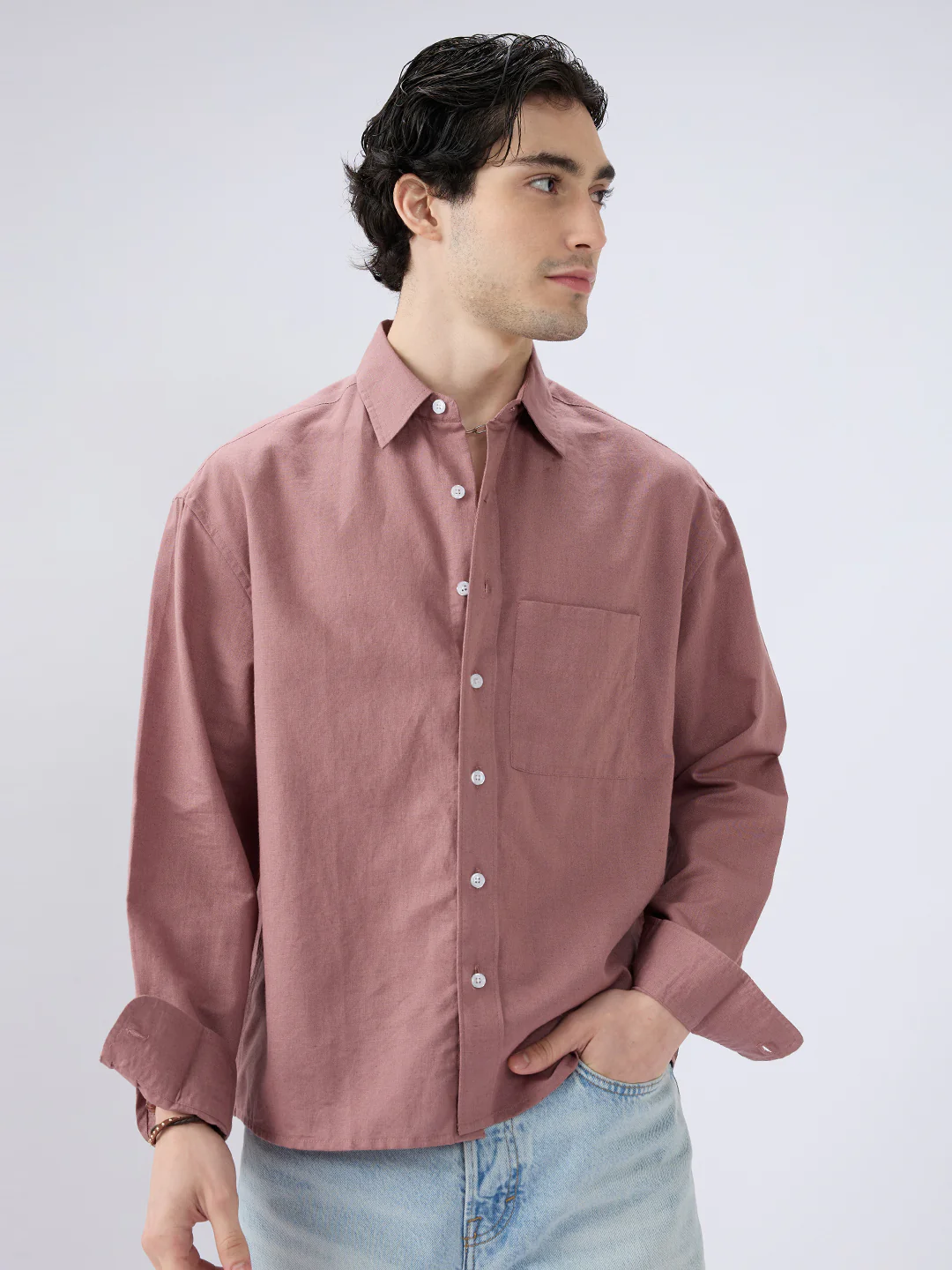 Rosewood Glint Linen Boxy Fit Crop Shirt - Image 5