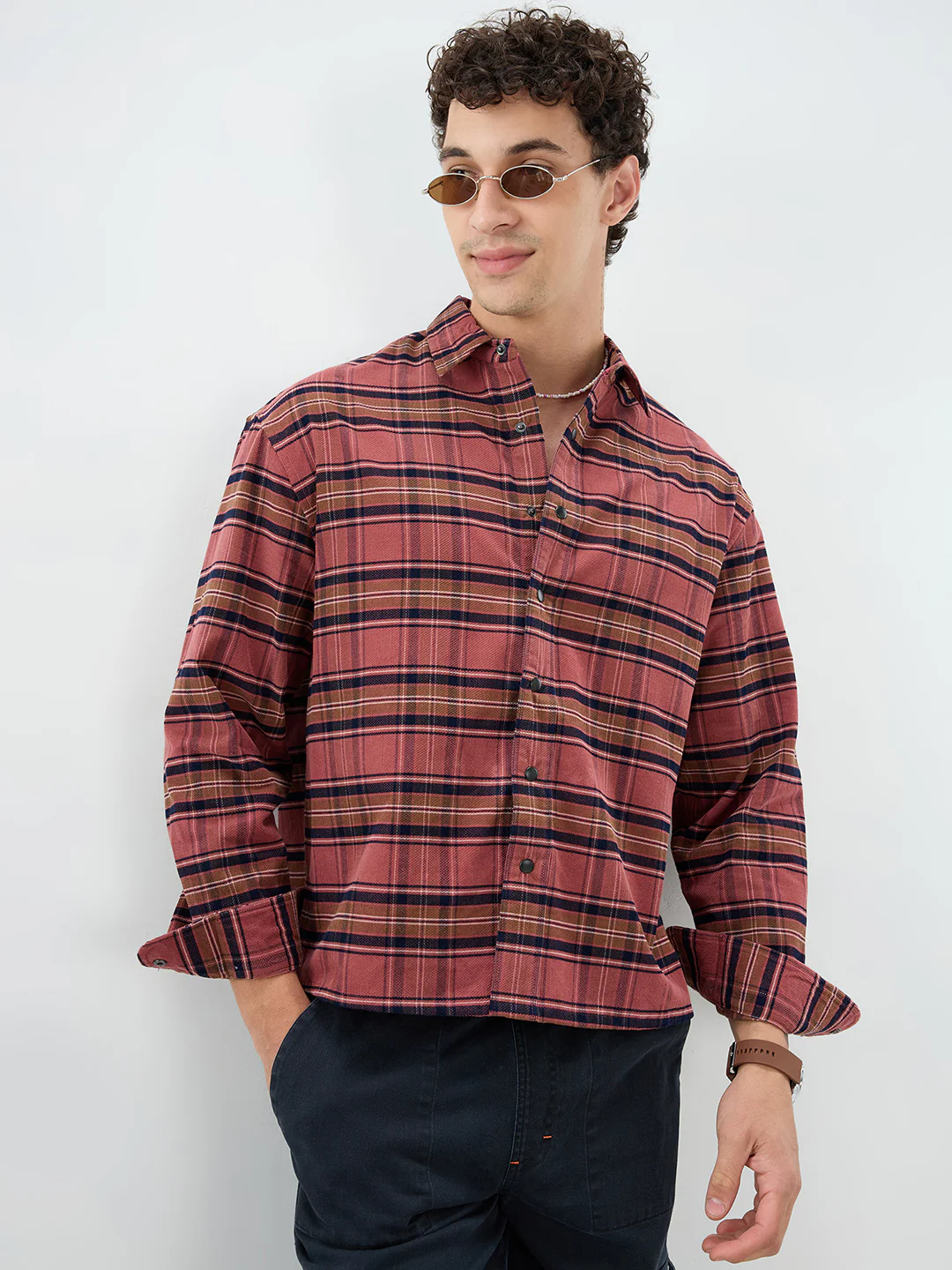 Rosewood Plaid Checks Boxy Fit Crop Cord Shirt - Image 2