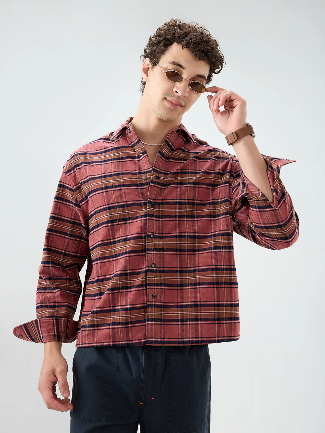 Rosewood Plaid Checks Boxy Fit Crop Cord Shirt - Image 4
