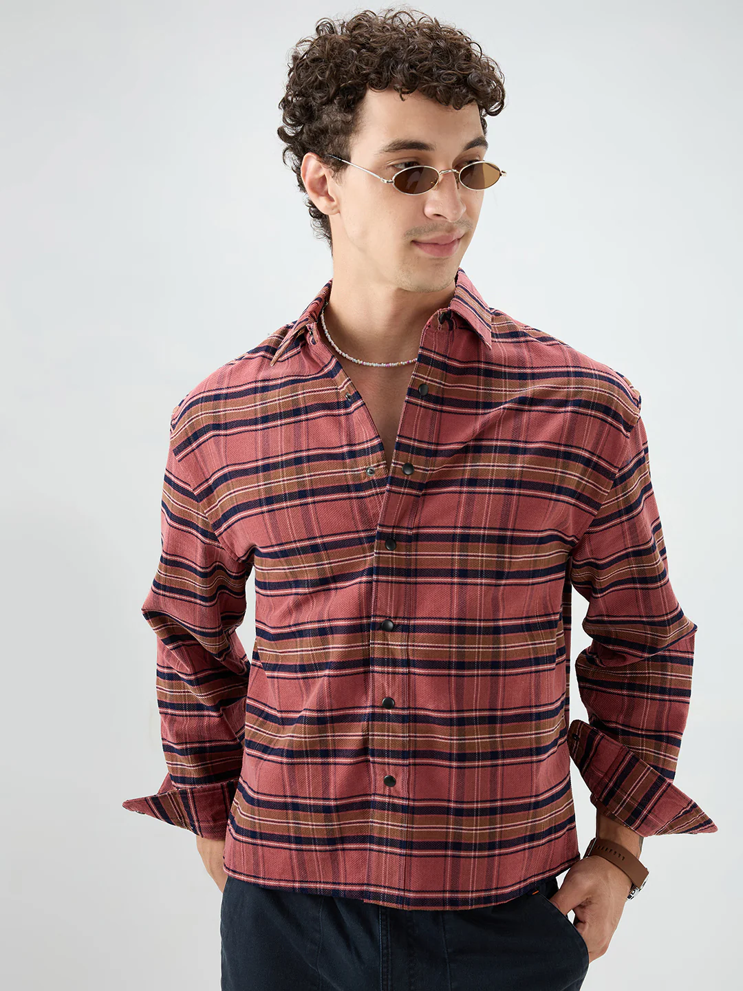 Rosewood Plaid Checks Boxy Fit Crop Cord Shirt - Image 5