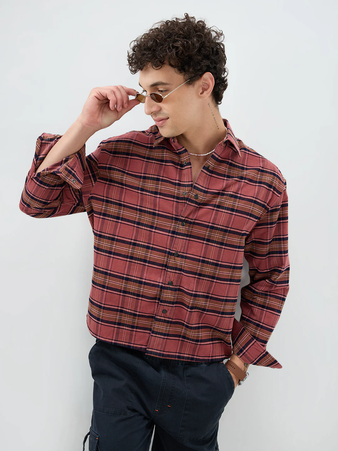 Rosewood Plaid Checks Boxy Fit Crop Cord Shirt - Image 6