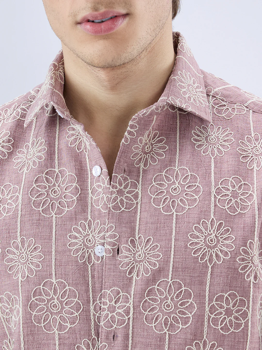 Rouge Pink Floral Embroidered Slub Shirt - Image 3