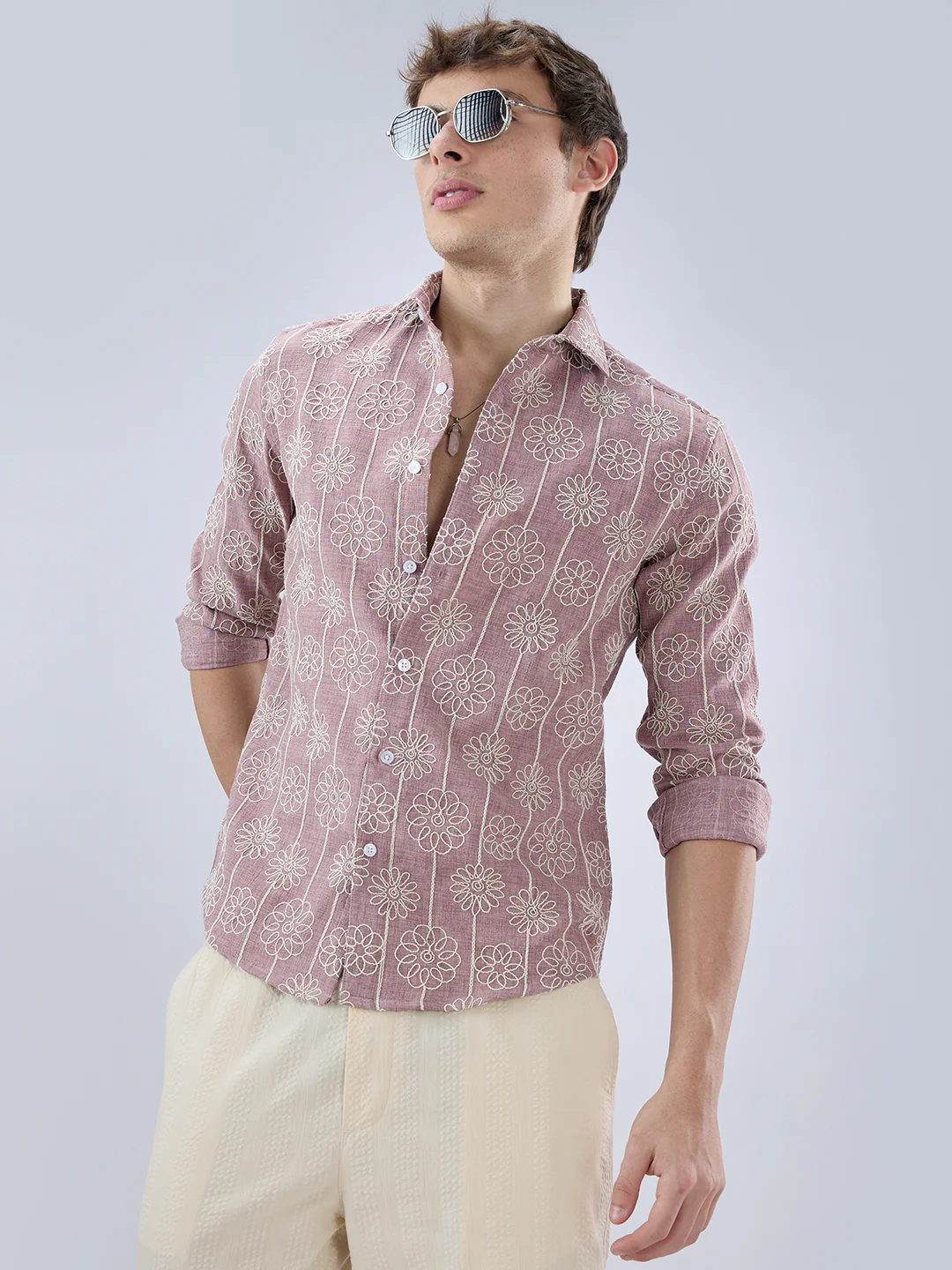 Rouge Pink Floral Embroidered Slub Shirt - Image 4