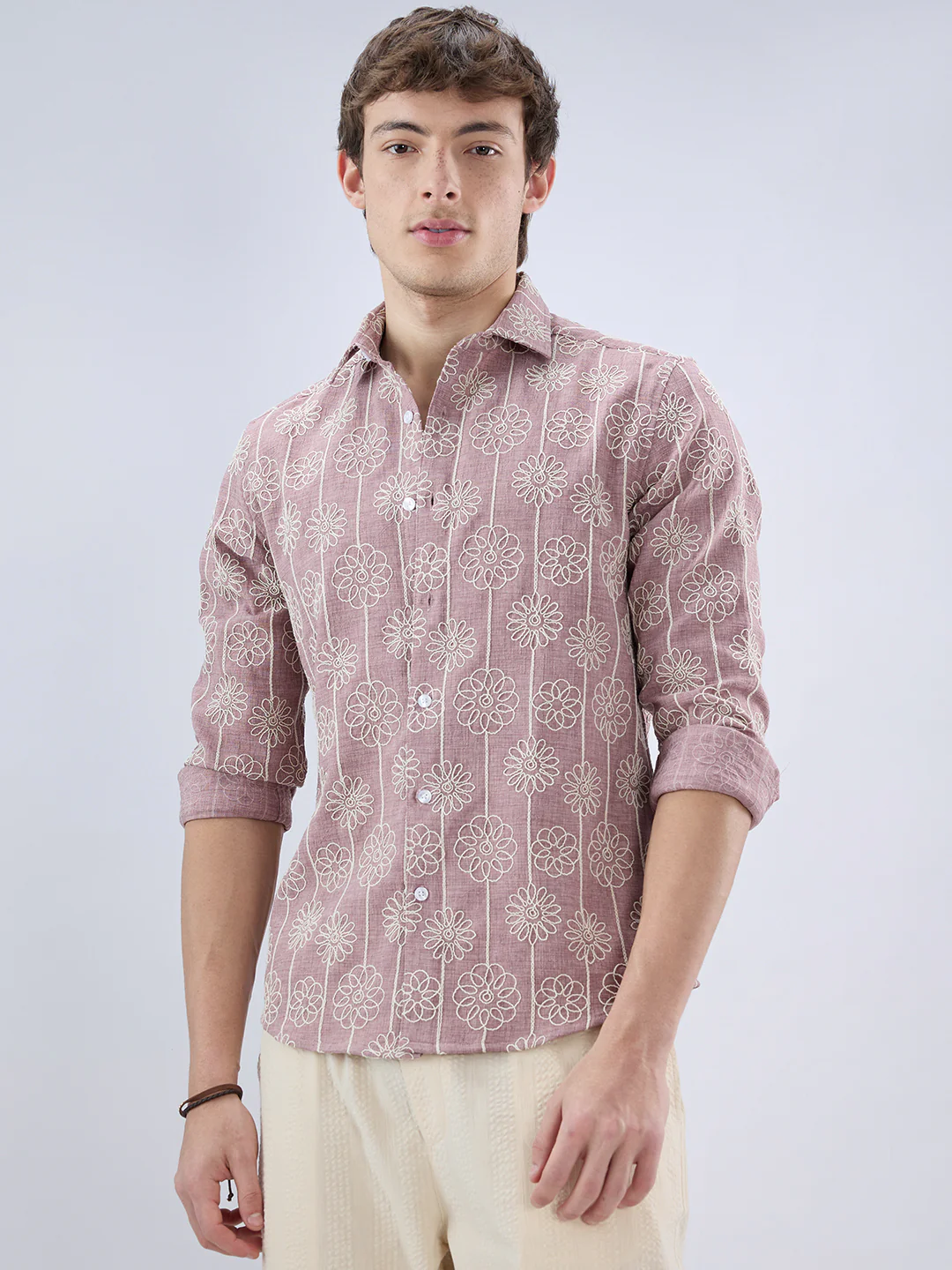 Rouge Pink Floral Embroidered Slub Shirt - Image 5