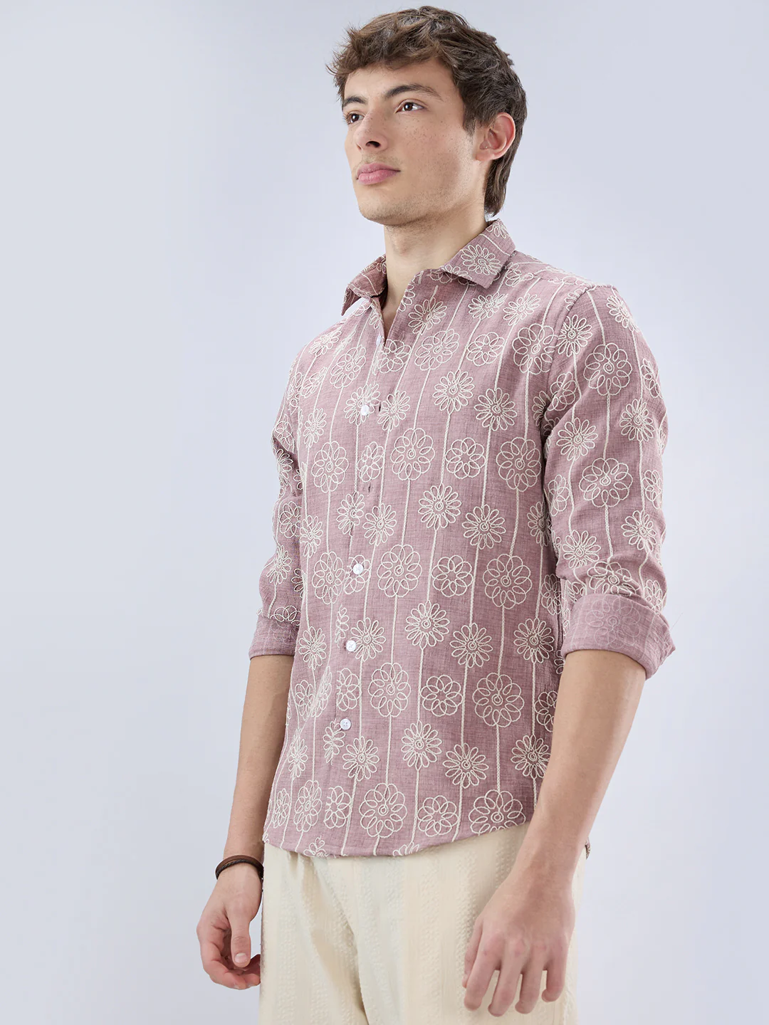 Rouge Pink Floral Embroidered Slub Shirt - Image 6