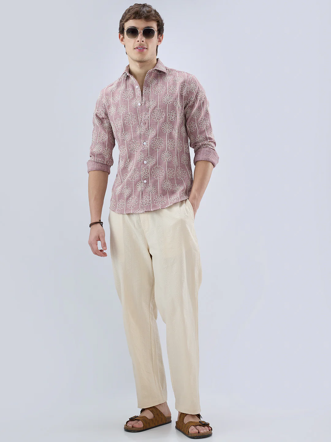 Rouge Pink Floral Embroidered Slub Shirt - Image 8