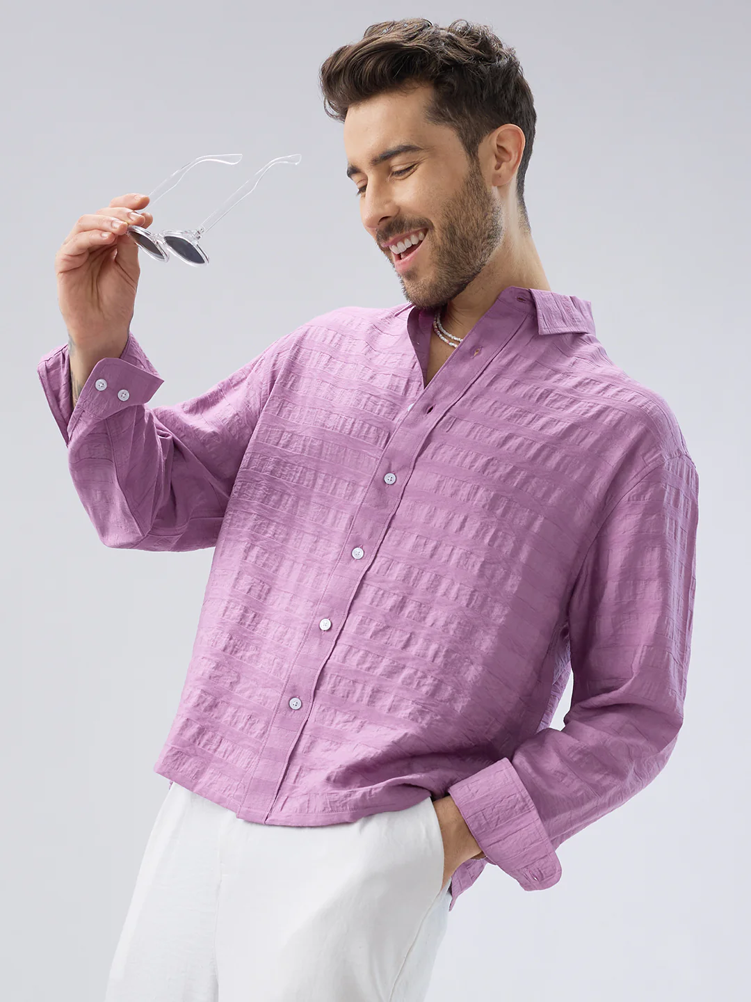Royal Hopbush Purple Horizontal Textured Crinkled Shirt - Image 2