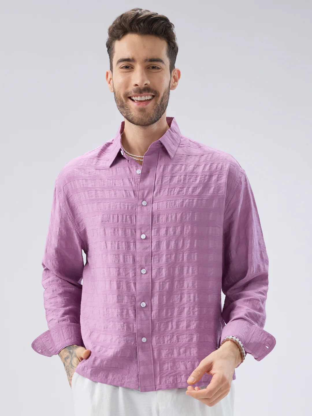 Royal Hopbush Purple Horizontal Textured Crinkled Shirt - Image 5